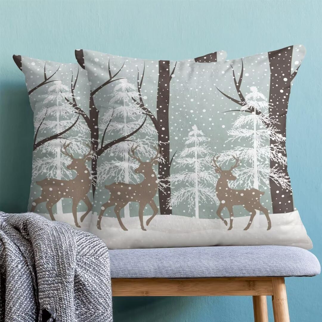 AEIOAE Winter Deer Pillow Covers 22 x 22 Inch Set of 2, Winter Landscape Snow Tree Throw Pillows Farmhouse Cotton Christmas Pillow Case for Sofa Bedroom Living Room Indoor Outdoor