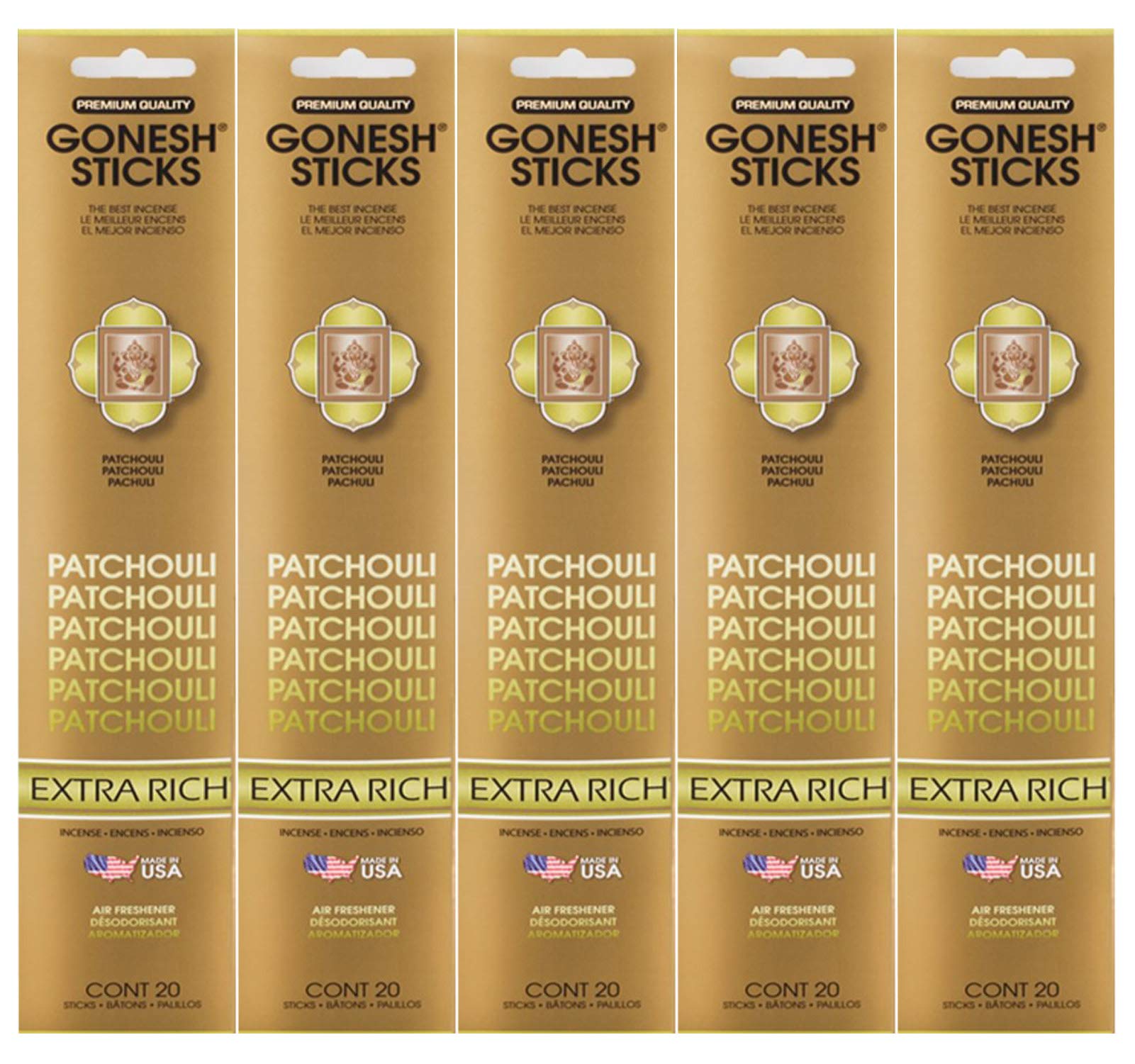 Gonesh Incense Sticks Extra Rich Collection - Patchouli 5 Packs (100 Total)