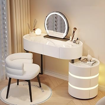 Makeup Vanity - Vanity Desk with Ambient Light and 5 Drawers, White Vanity Set Include Smart LED Lights Mirror & Makeup Chair, Rock Slab Tabletop, Luxury Dressing Table for Bedroom 39