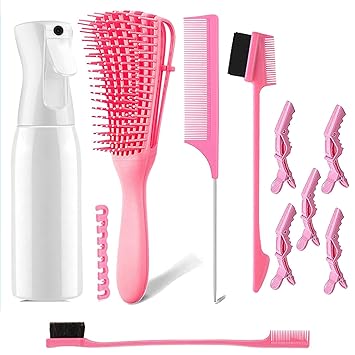 Michgar Detangling Brush Set for Curly Hair with Hair Spray Bottle, Hairbrush Set, Hair Scalp Massager Brush,9 Row Cushion Nylon Bristle Brush Double Sides Hair Edge Brush set for wet and dry hair?