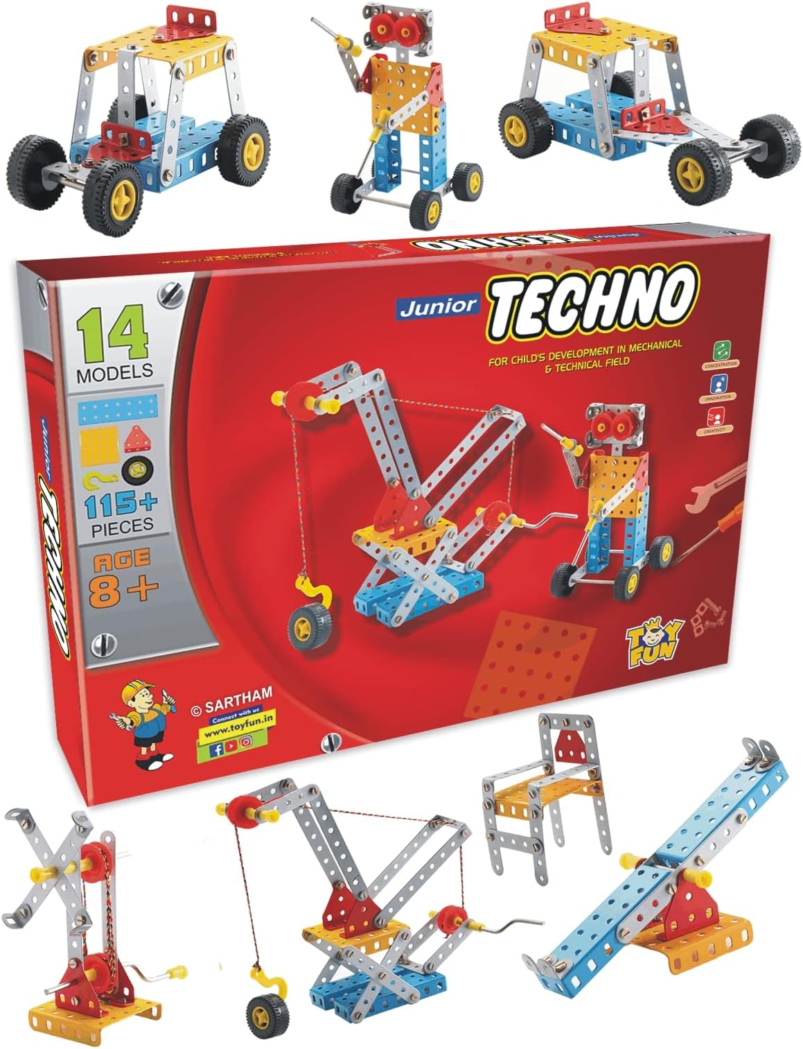 SARTHAM Junior Techno, 8 to 12 Years, DIY Educational kit, Engineering Tool kit Toy, 1 Set STEM Learning Metal Toy, Gift for 8+ Year Old boy and Girl, 115+ Pieces Puzzle and 14 Models | Multicolor