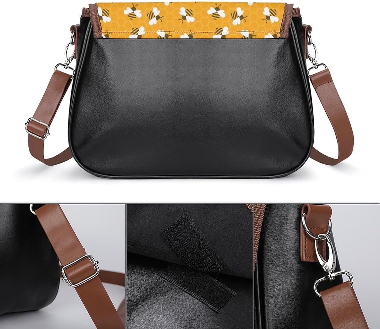 Bee with HoneyWomen's Faux Leather Crossbody Bag, Waterproof Wrinkle-Resistant Shoulder Bag with Detachable Strap, Large Capacity Casual Handbag, Fashion Daily Purse for Shopping Work Dating, Ideal Gi