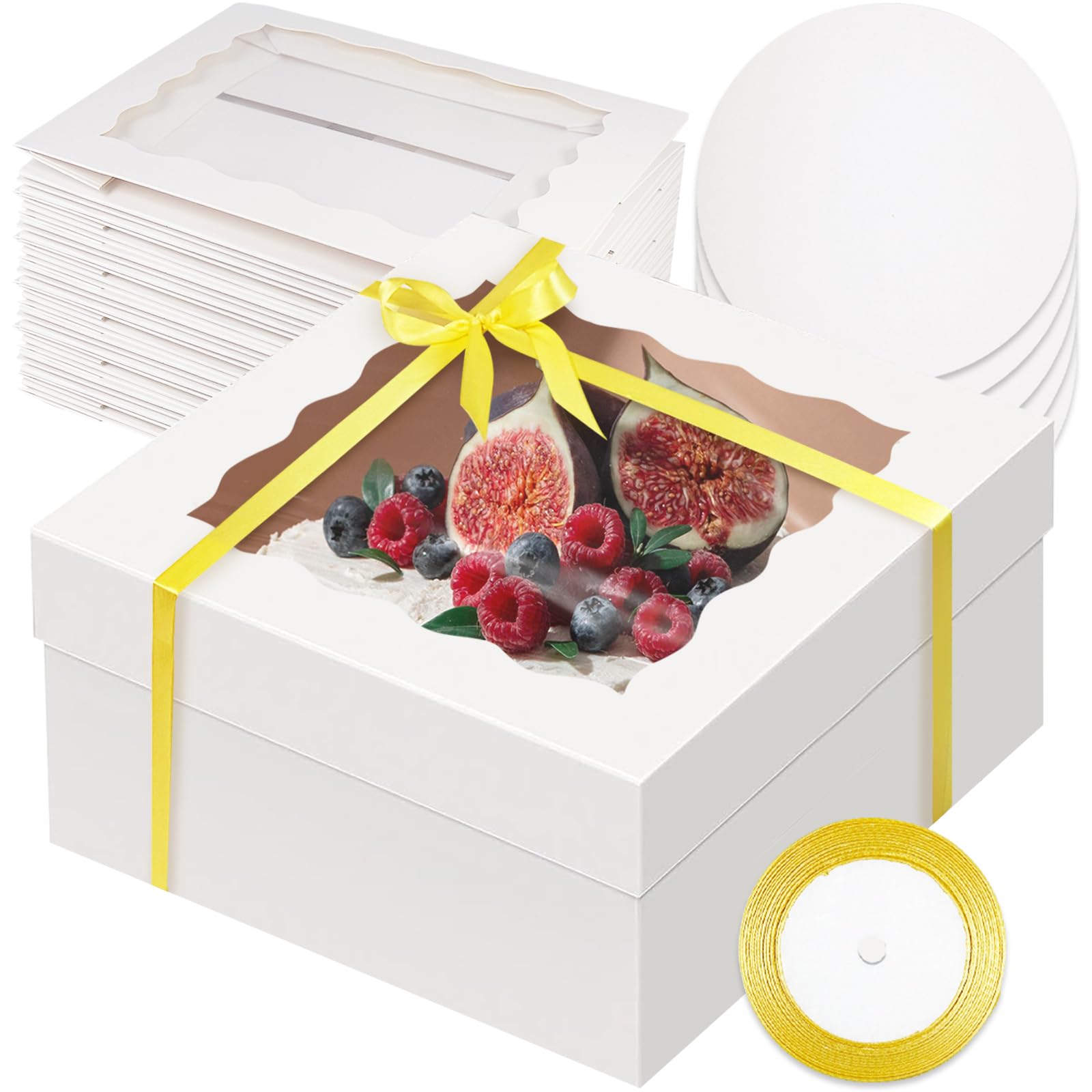qiqee 12x12x6 Cake Box, 18 Sets White Cake Box with Window & 18 Sets 12" White Cake Round Boards, 12inch Cake Containers, 10 Meters Gold Silk Ribbon