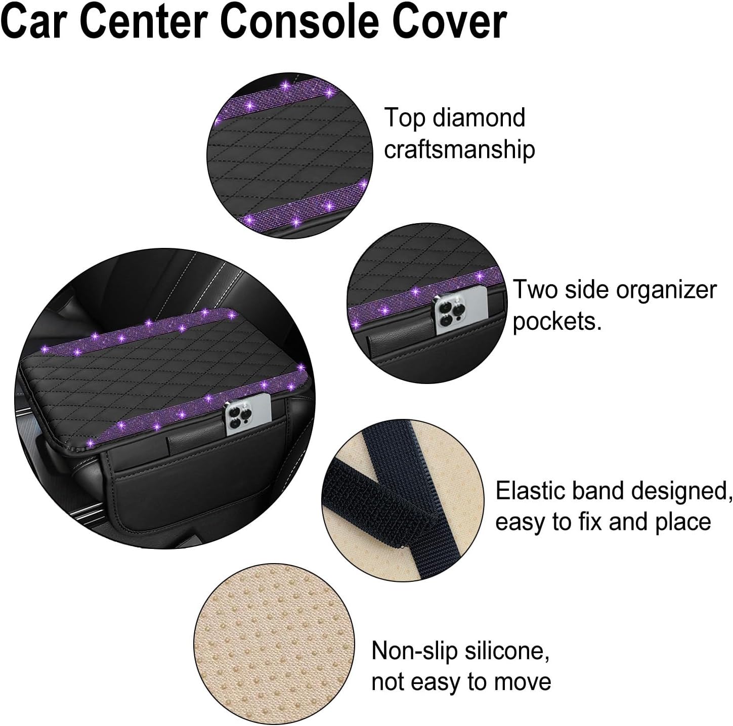 NBTEPEM Bling Car Center Console Armrest Cover, Microfiber Leather and Diamond Middle Console Cover with 2 Storage Bags, Bling Accessories Interior for Most Vehicles (Purple Diamond) image 3