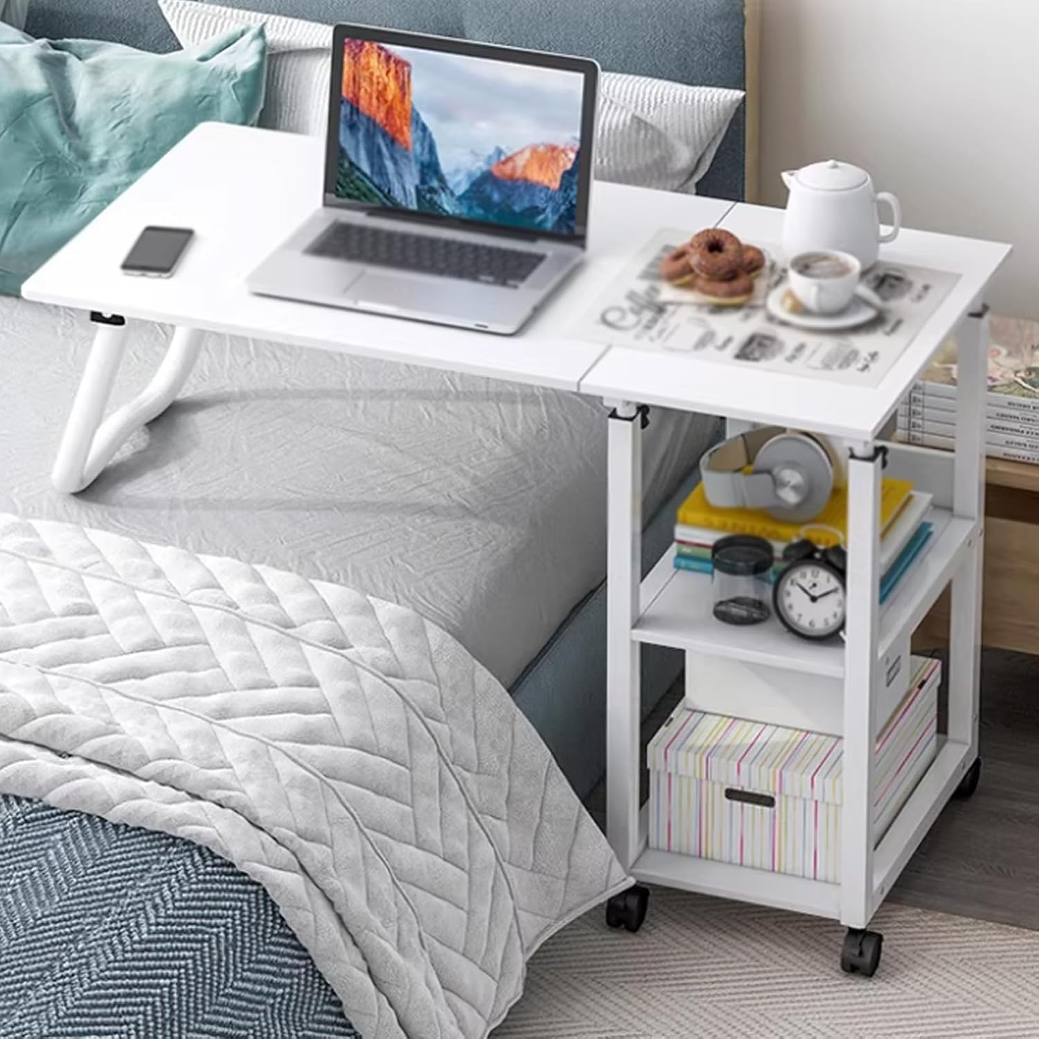 Adjustable Height Movable Overbed Table with Wheels, Foldable Cross-Bed Computer Desk, Laptop Bedside Table Standing Workstation for Hospital Or Home Use(White)