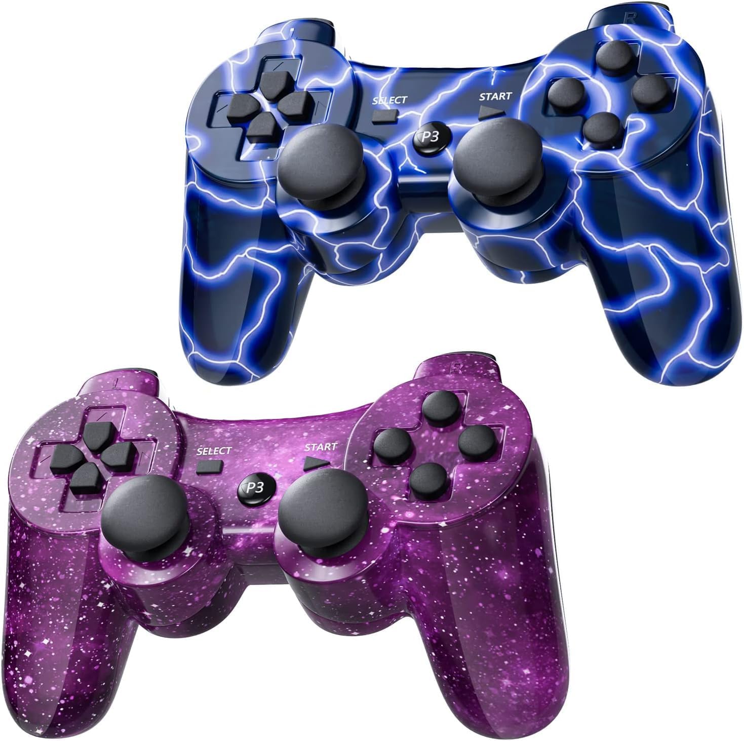 Wireless Controller for PS-3 Motion Sense Double Vibration Upgraded Gaming Remote for Play 3 with Charging Cord (Blue+Purple)