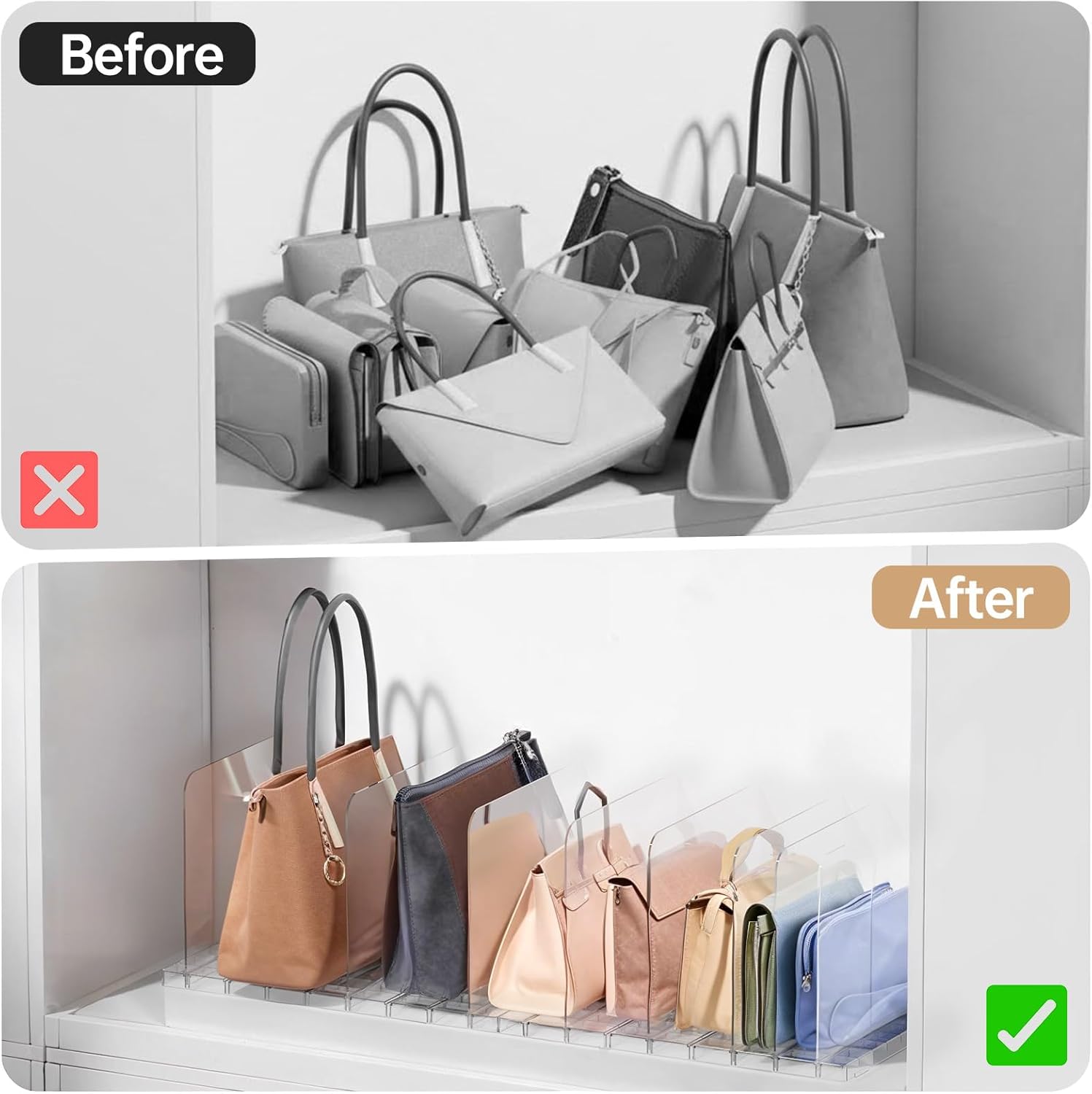 Purse Organizer for Closet, Stackable Handbag Storage Shelf, Adjustable Clear Shelf Dividers, Keep Clutch, Bag, Pocketbook Upright, for Bedroom (Clear)