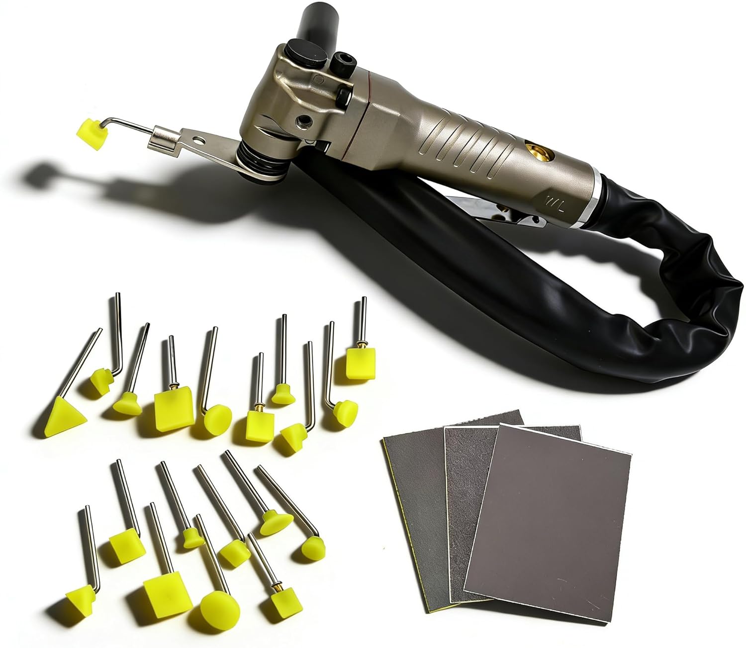 High-Speed Oscillating Air Sander Kit, 90° Right Angle Pneumatic Polisher with 20 Multi-Shaped Buffing Heads & 3PCS A4 Sandpaper for CNC Marks Removal & Metal Smoothing