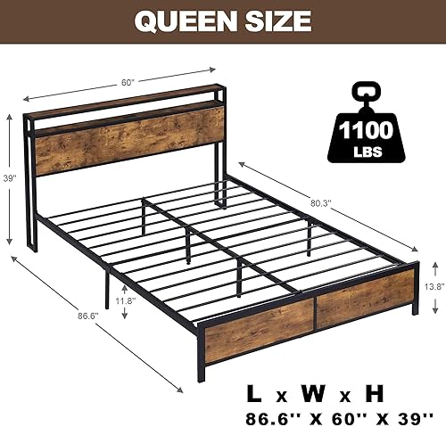 Miniatura 2 de Base de cama Queen con luces LED, 2 puertos USB, cabecera rústica de almacenamiento de 2 niveles, marco de cama de plataforma industrial, cámaras