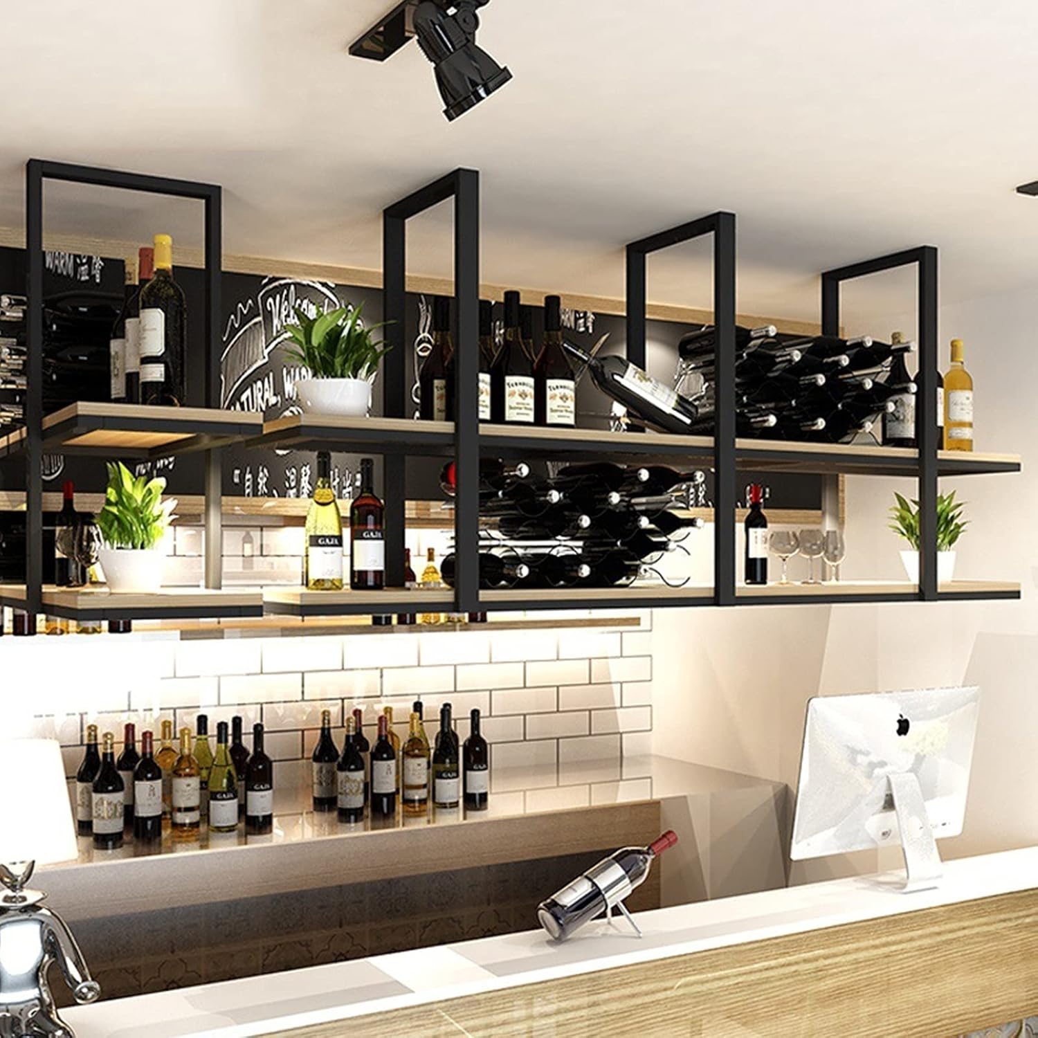 壁の棚の天井のワインラックは、ワイン/本/植物/ワイングラスの吊り棚