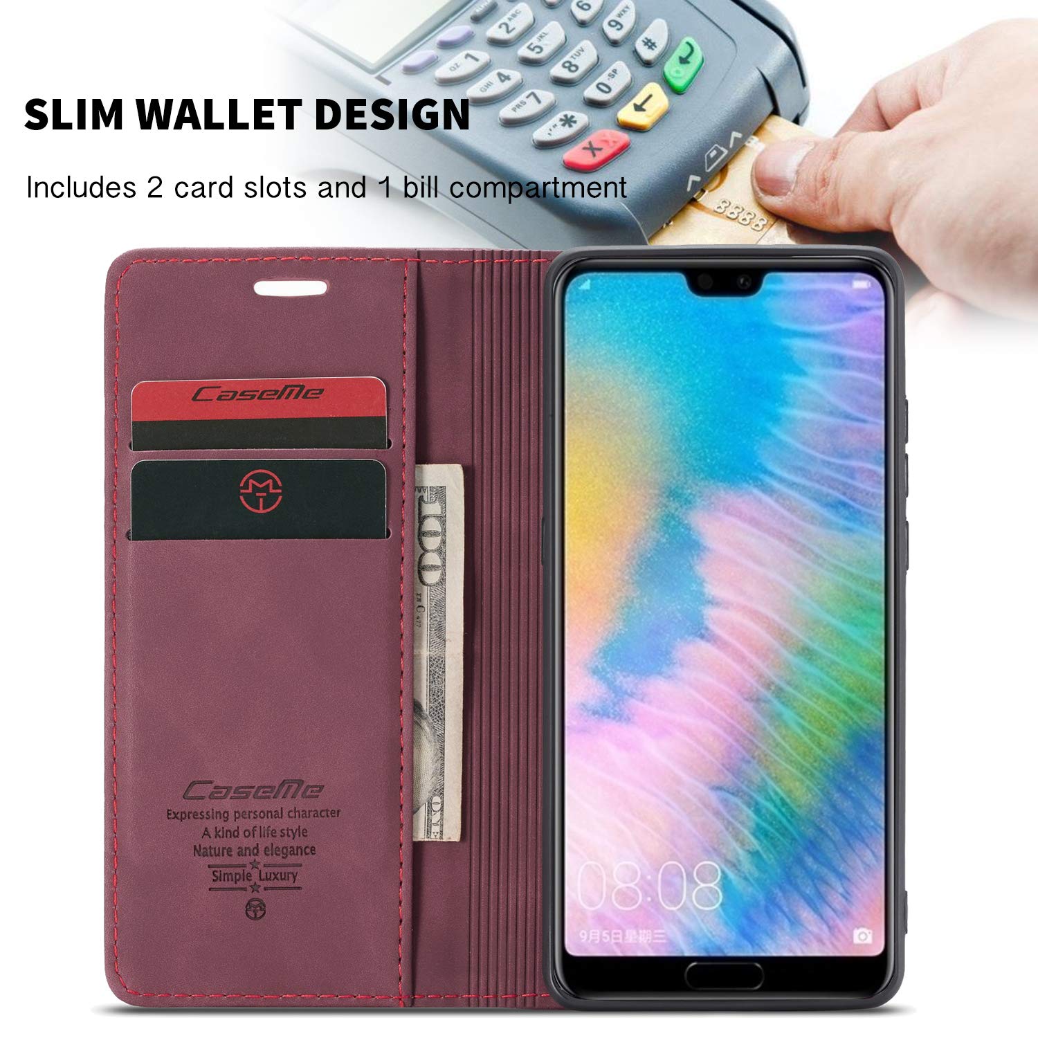 Custodia Portafoglio In Pelle PU Con Supporto Per Huawei P20 Pro - Chiusura Magnetica, Slot Per Carte, Colore Caffè - 2