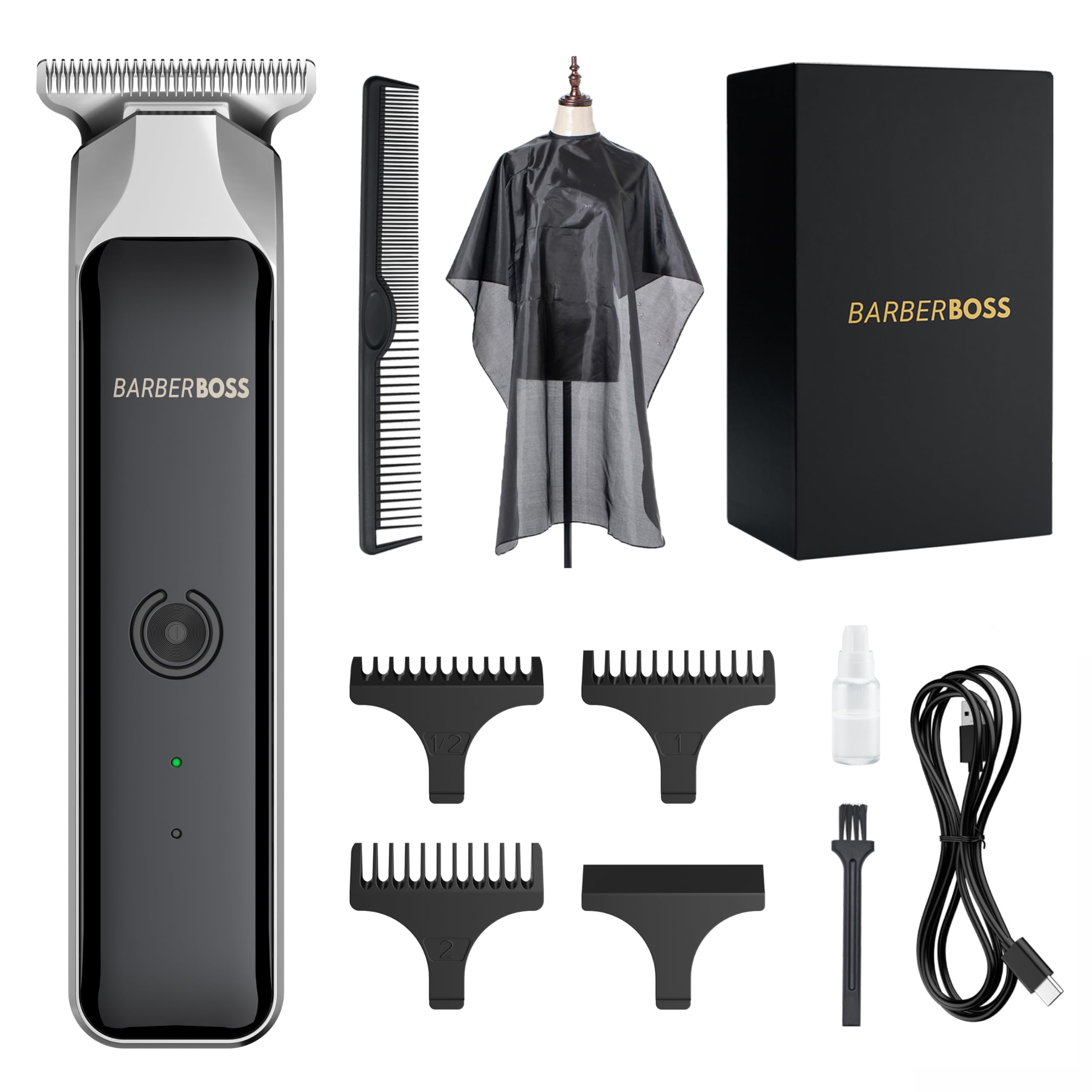 BarberBoss - Cortapelos y cortabarbas portátil, cortapelos facial profesional para hombre, recargable por USB, luz roja/verde, cuchilla de acero, QR-2090