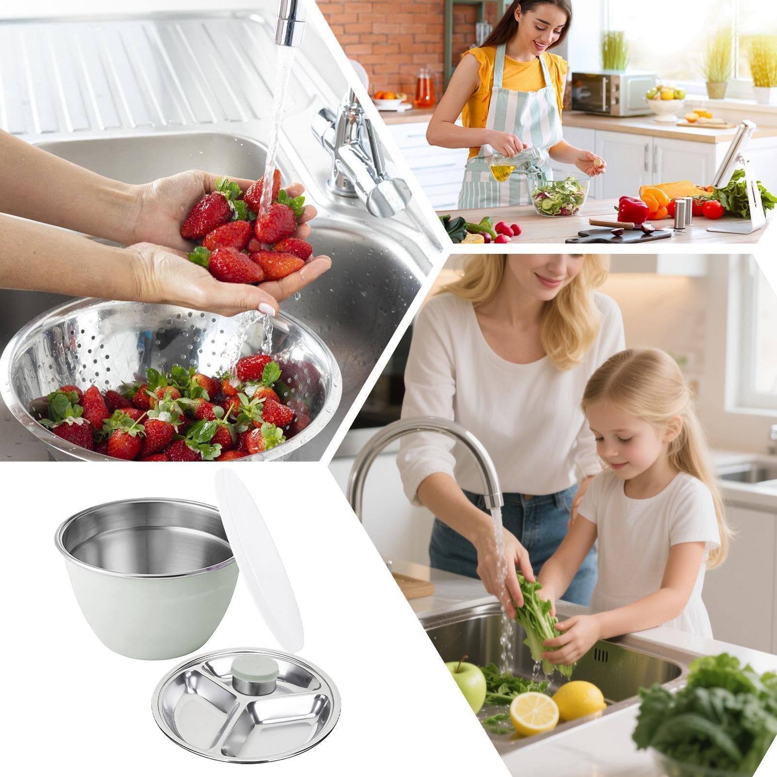 Salatschüssel-Set, Edelstahl-Rührschüssel mit Deckel und abnehmbarem Tablett, für Zuhause, Küche, Esszimmer, Mahlzeitvorbereitung, Picknicks im Freien, Partys, inklusive Kanister