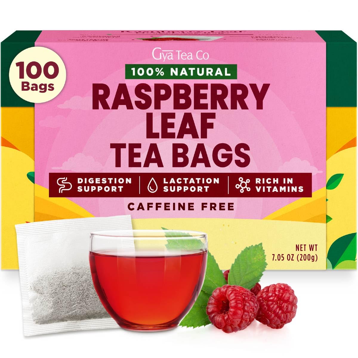 Gya Tea Co Raspberry Leaf Tea Bags (100 Bags) - Decaf Wellness Tea for Pregnant Women, Soothing & Digestive Health - Fruit & Herbal Blends
