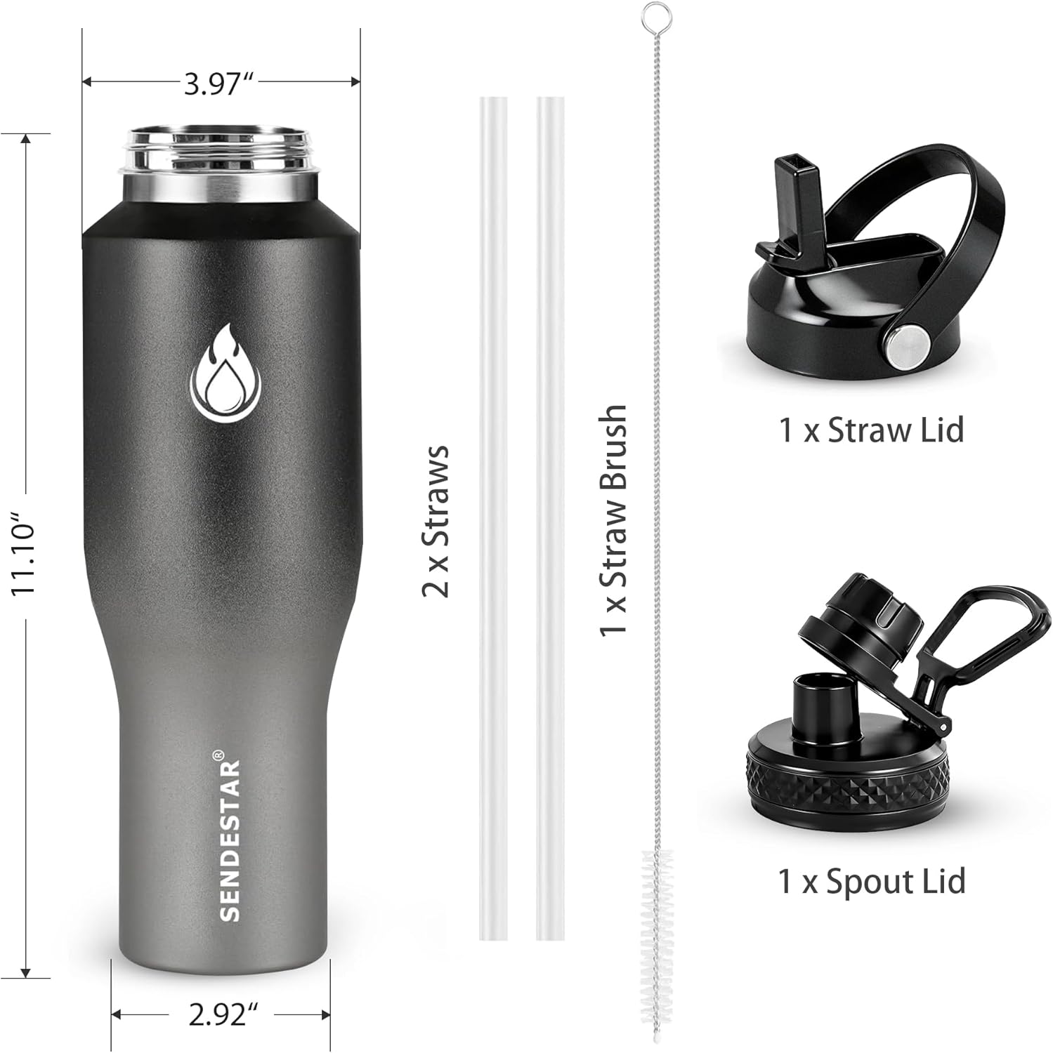 SENDESTAR 40oz Stainless Steel Water Bottle(Cold for 48 Hrs, Hot for 24 Hrs),Double Wall Vacuum Insulated Bottle with Straw Lid, Spout Lid and Flex Cap, Fit in Any Car Cup Holder,Grey-B - Image 6