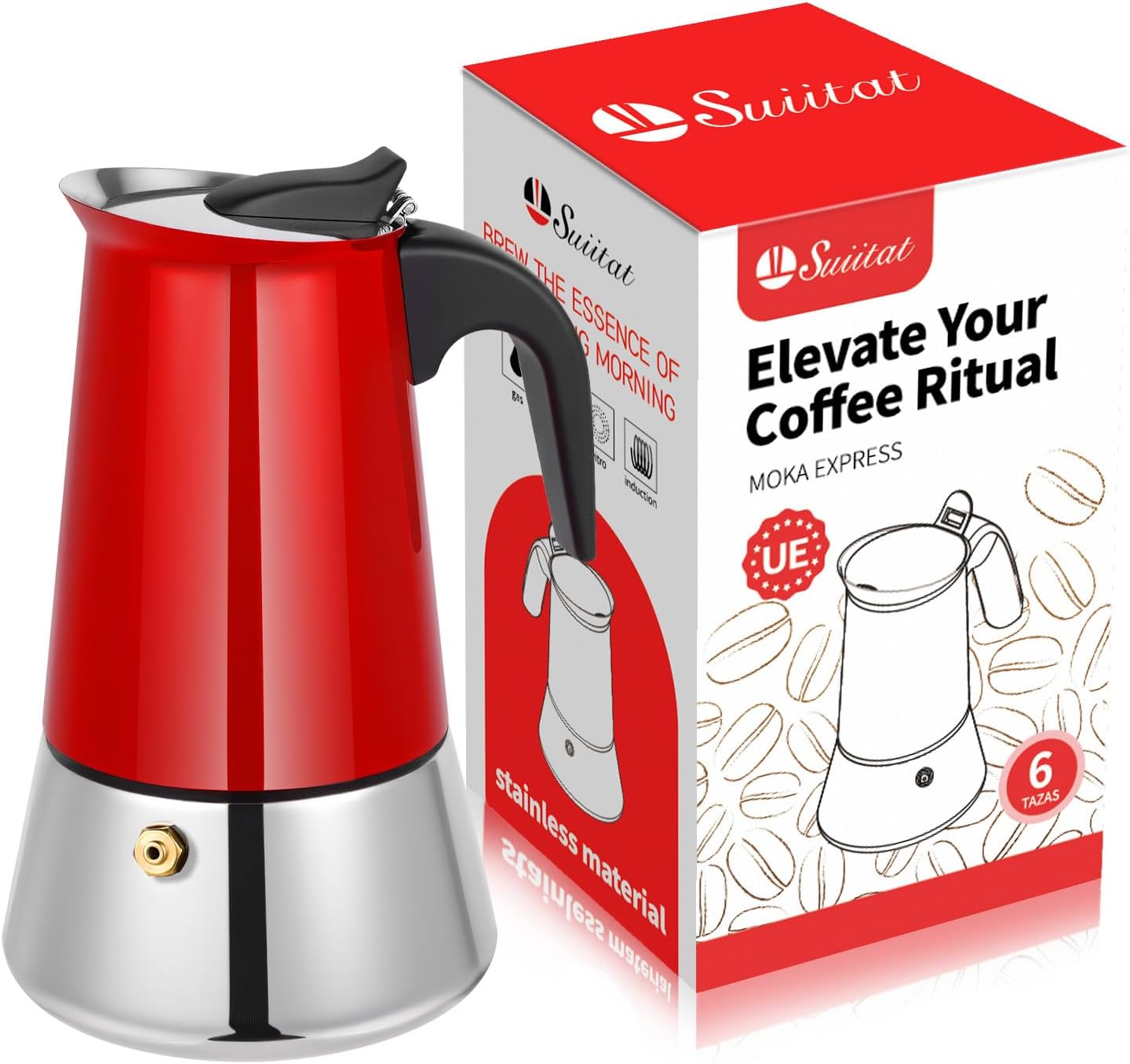 Moka Pot, 6 Cups (10.6 oz) Stovetop Espresso Maker, 304 Stainless Steel Moka Pot, Induction Compatible, Red