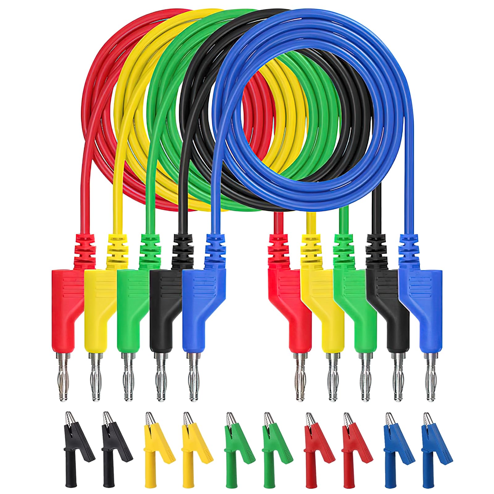 VOSSOT 5 cavi di misurazione multimetri, 4 mm, 5 colori, set di cavi di misurazione con 10 morsetti a coccodrillo, cavo di misurazione lsolato, doppio morsetto, multimetro, tester di tensione