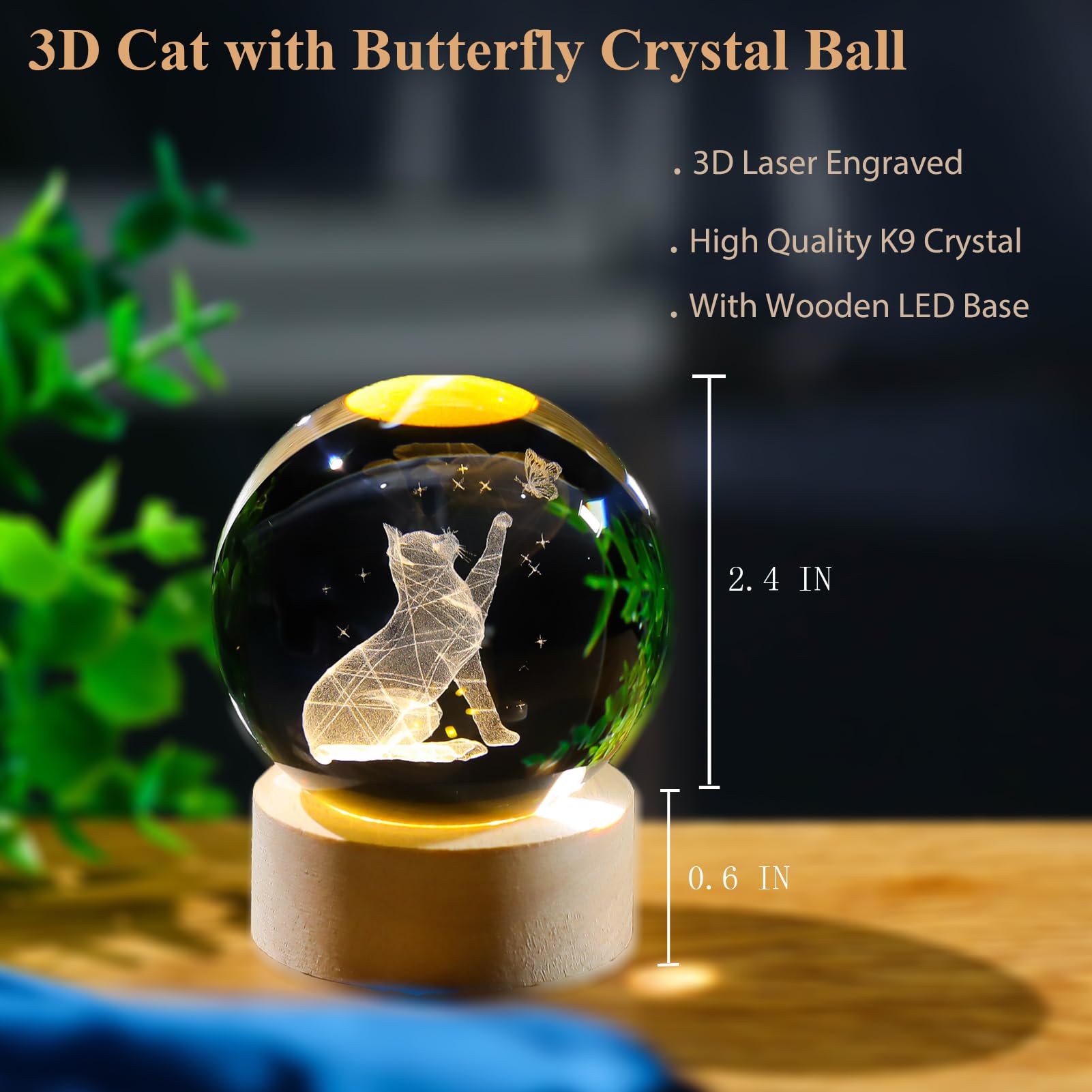 Arikyrist 3D Crystal Ball Decor, Cat Figurines With Wooden Base, Laser Engraved Glass Sphere Gifts for Cat Lovers