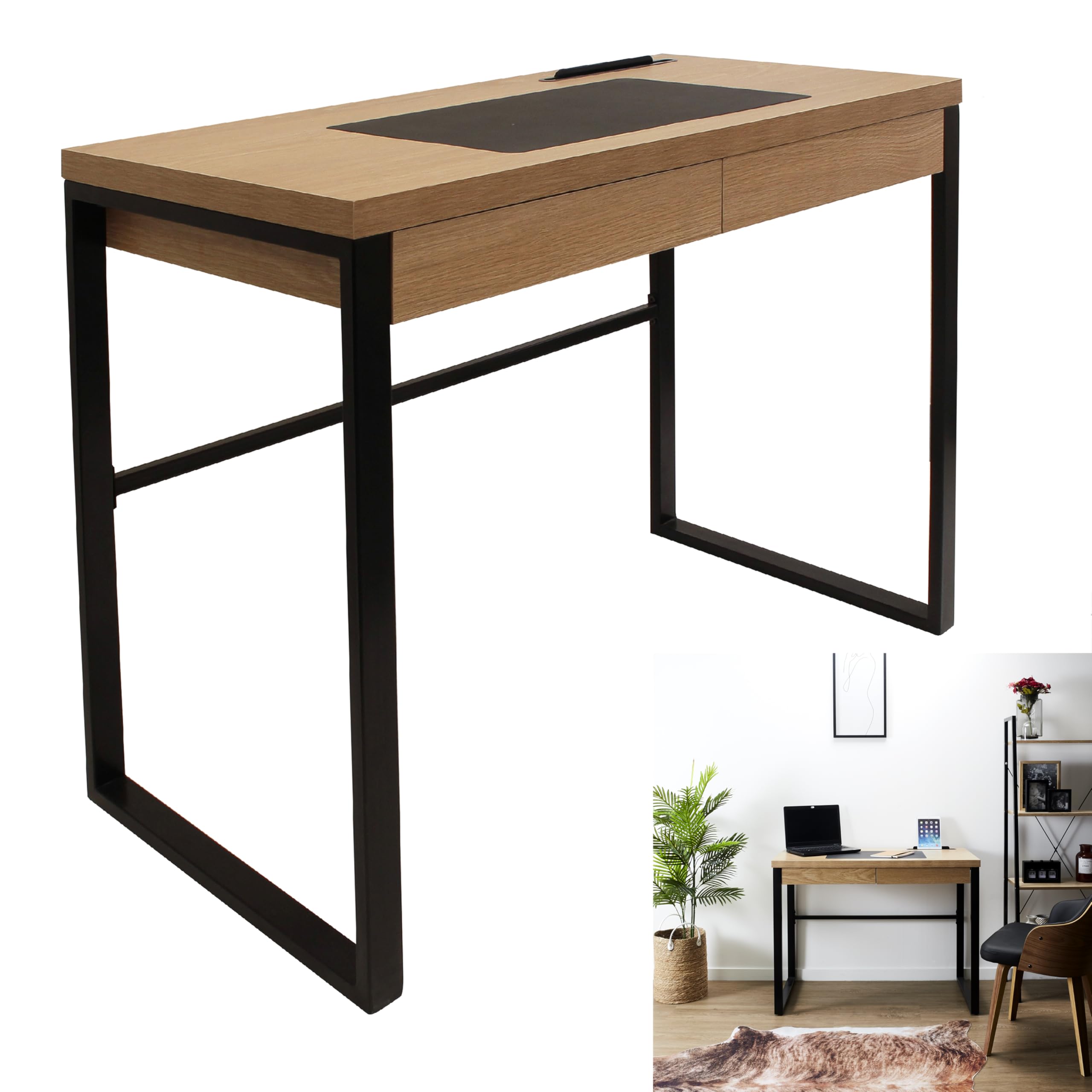HOME DECO FACTORY Bureau en Bois avec Tiroir Structure Métal Industriel | Bois et métal, bureau, tiroir de rangement, structure métal style industriel, bureau ou chambre, robuste, 110x110x16 cm, bois