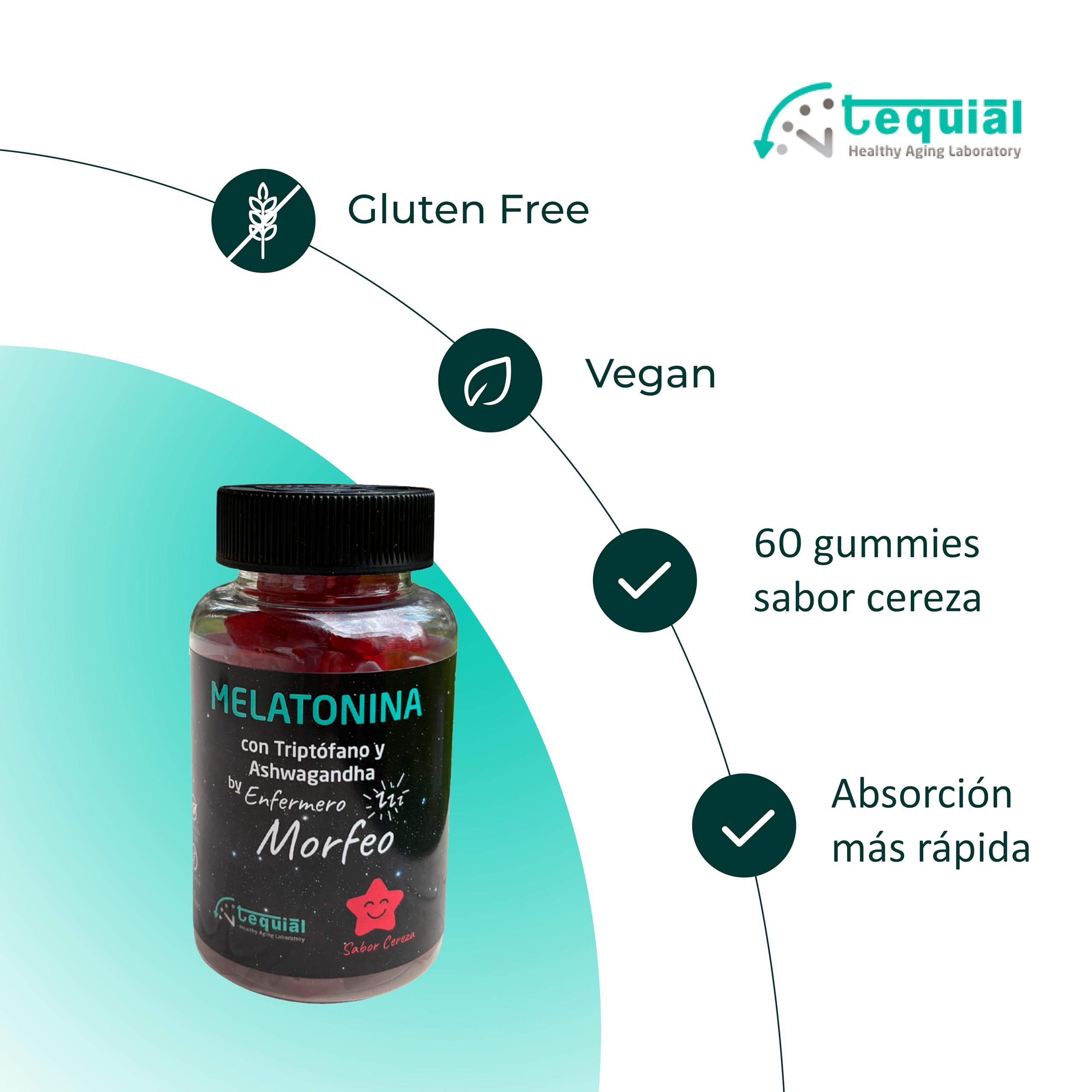 Tequial by Enfermero Morfeo Gominolas Melatonina, Sabor Cereza, 60 Gummies | Con Triptófano y Ashwagandha, Suplemento para Dormir y Relajarse, Sin Gluten, Vegano