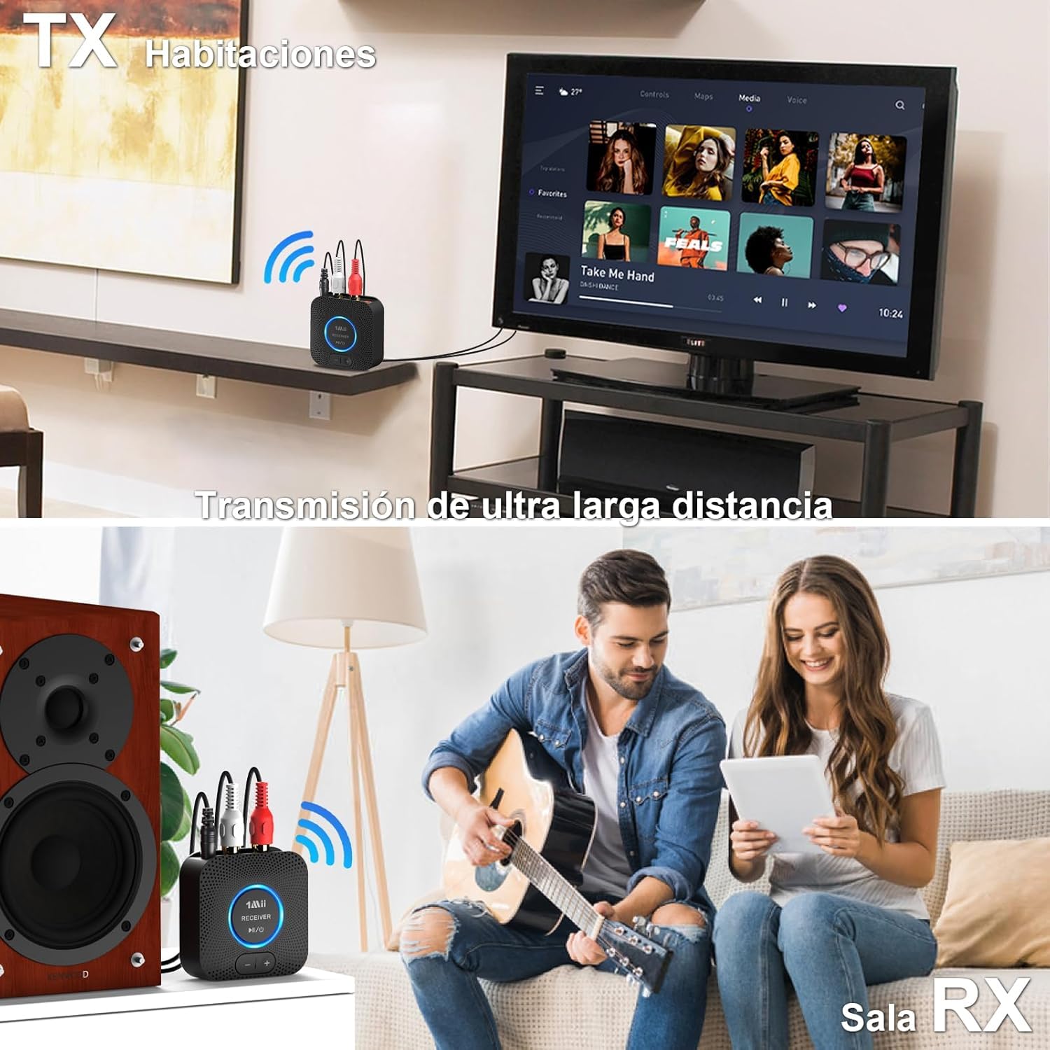 1Mii 2.4GHz (1 TX + 1 RX) Transmisor Receptor de Audio Inalámbrico para TV, Alcance de 80m, Baja Latencia de 25ms, Entrada/Salida RCA AUX de 3.5mm, Adaptador de Audio Inalámbrico para TV, PC, Altavoz