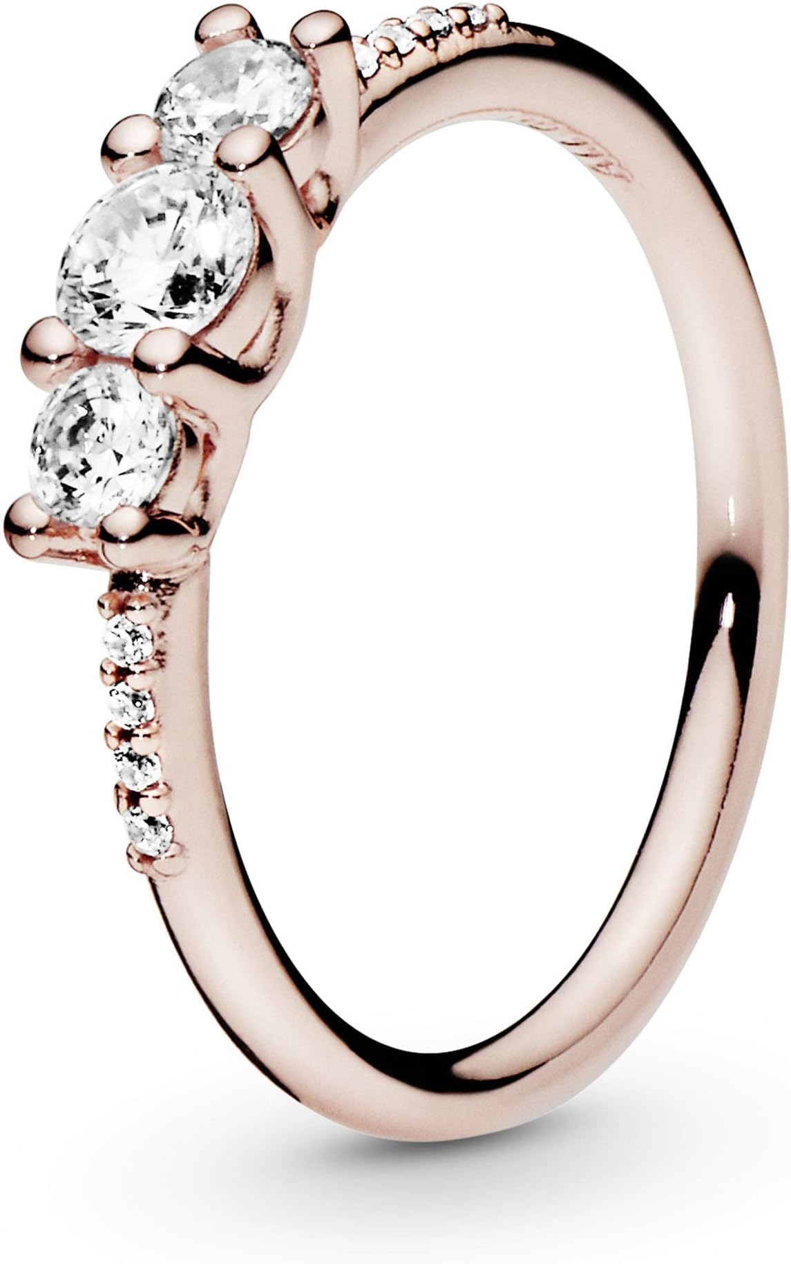 Pandora Jewelry Clear Three-Stone Cubic Zirconia Ring in Rose, Size 9