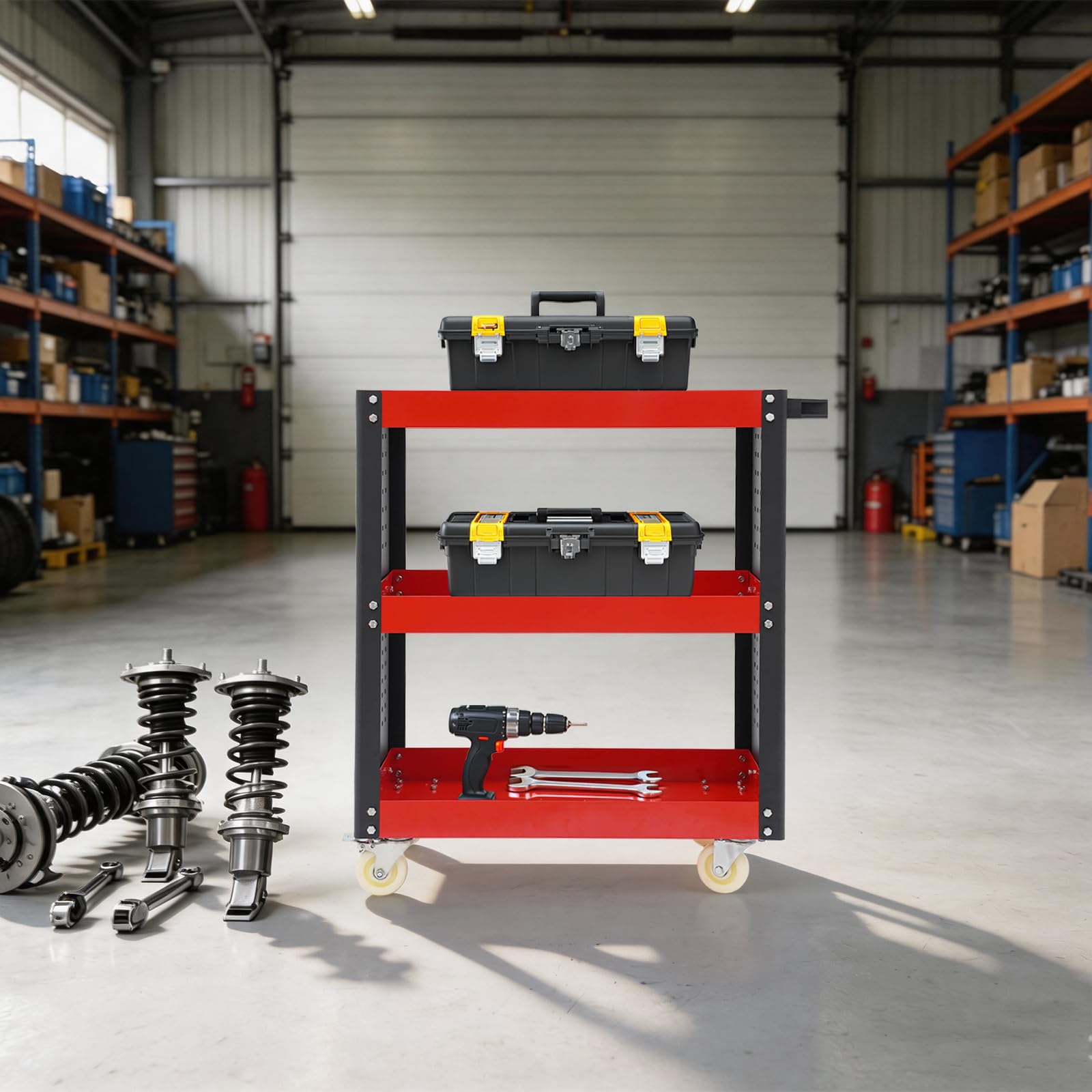 Carrello portautensili a 3 livelli in acciaio con ruote e parete forata | 3 ripiani, 4 ruote, 2 freni di stazionamento, maniglia laterale, 86,95 x 39 x 98,75 cm, officina, garage, magazzino