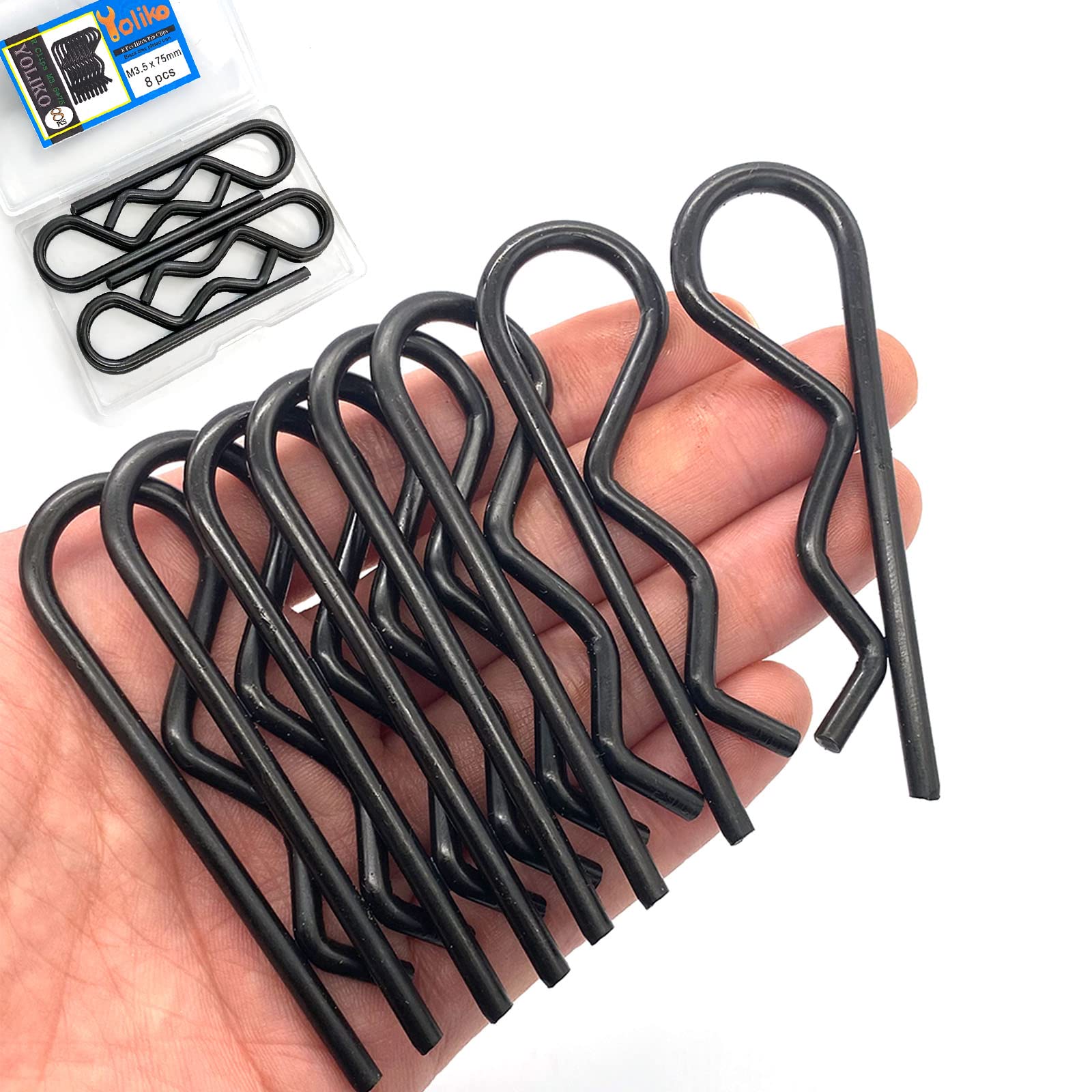 Yoliko 8Pcs Heavy Duty Hitch Pins Clip R Clips Spring Retaining Wire Hair Pins Cotter Pin Strong Spring Tension Large Carter Pin R clip large for trailer Tractor Mower Carts Truck Black zinc M3.5x75mm