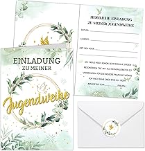 HOWAF 12 Einladungskarten Jugendweihe Junge Mädchen, Karte Jugendweihe Einladungskarten mit Umschlägen Aufkleber, Einladung Endlich Erwachsen Eucalyptus für Jugendfeier Party