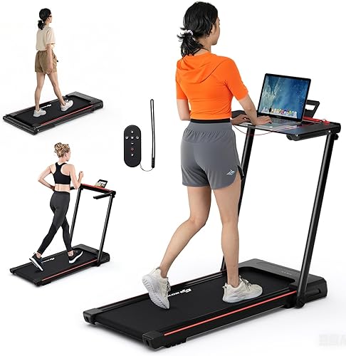 Goplus Cinta de correr 3 en 1 con escritorio grande, 2.25 HP, plegable, pantalla LED, control remoto, altavoces de dientes azules, máquina de correr