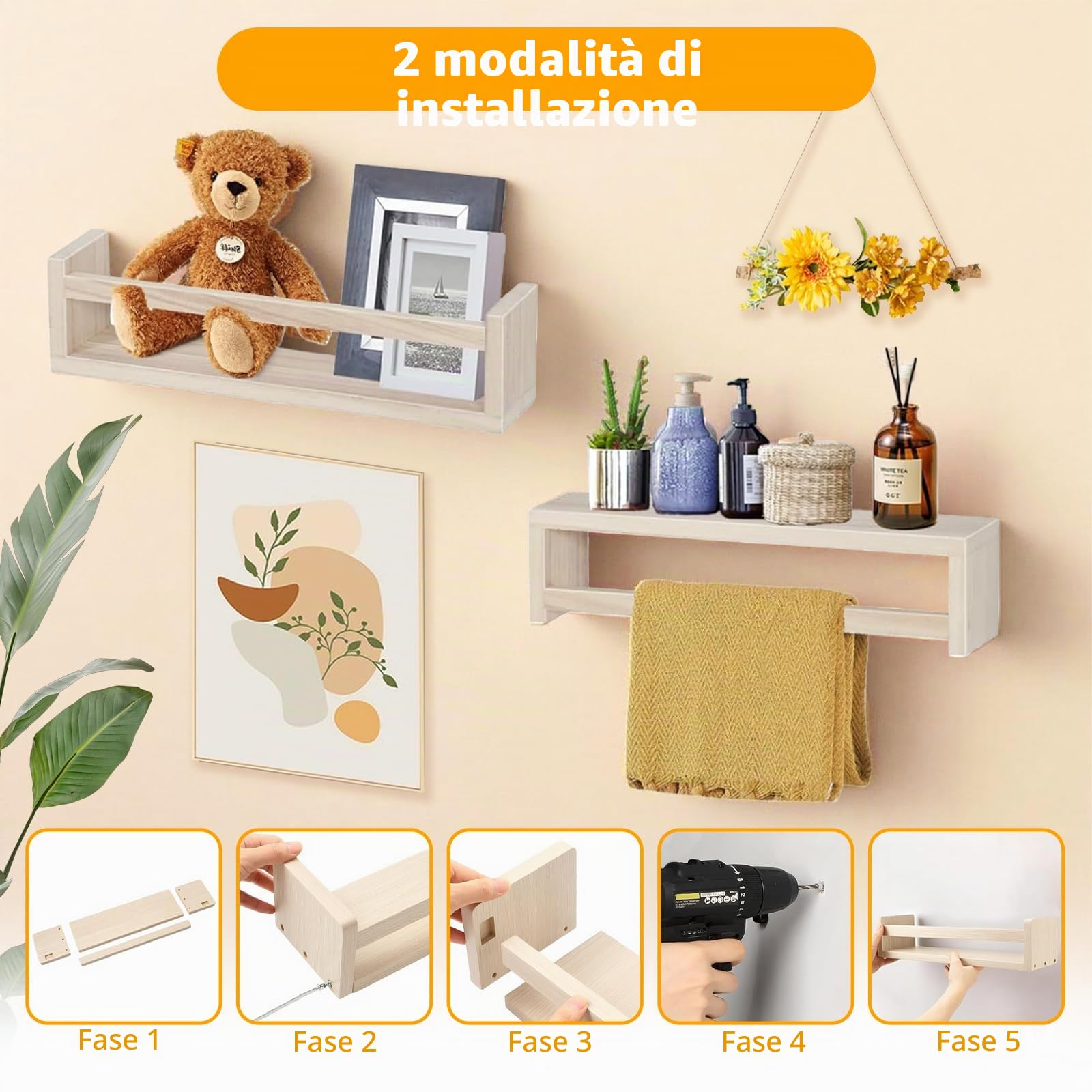SOONHUA Libreria per cameretta dei bambini, set di 4 scaffali da parete in legno, scaffali sospesi, scaffali da parete per organizzare libri e giocattoli
