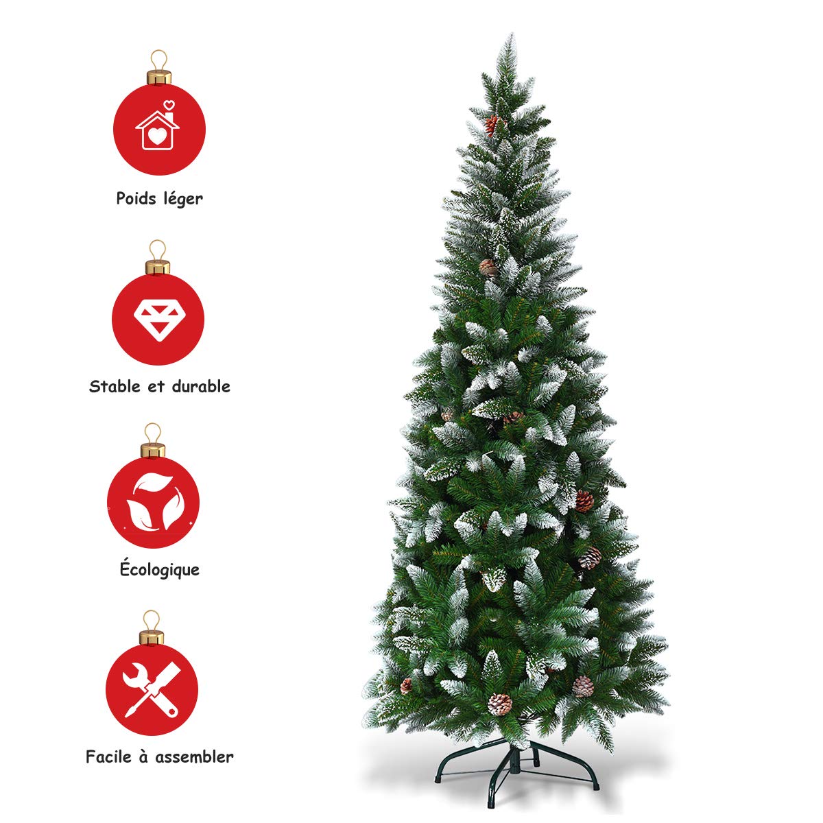 GYMAX Sapin de Noël 180cm Artificiel Mince avec 29 Pommes de Pin Décoratives, 630 Branches Recouvertes de Neige, Support Métal, pour Maison, Magasin, Café