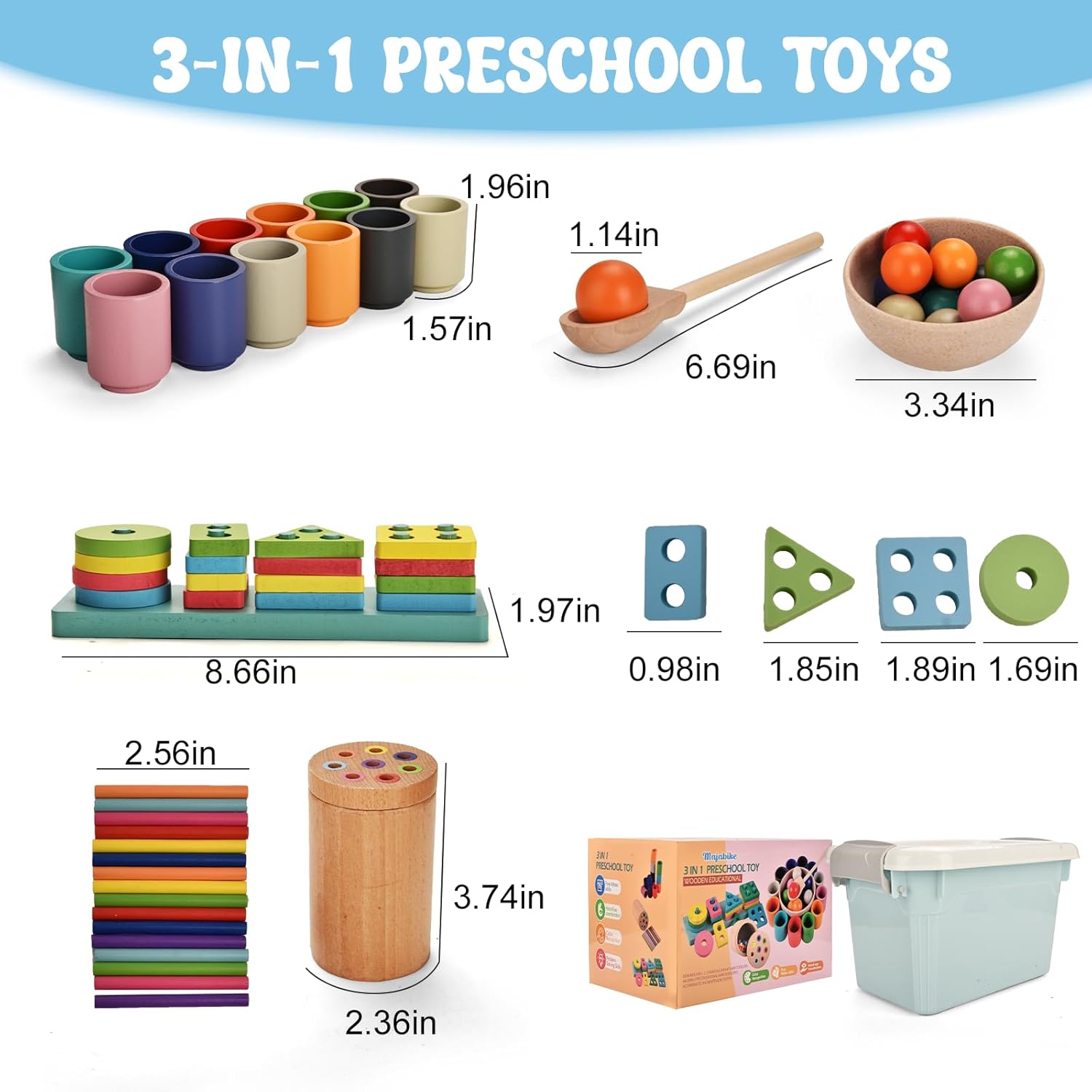 Montessori Toys for 1-3 Year,3 in 1 Wooden Learning Fine Motor Skills Toys Rainbow Color Sorting Toy for Toddlers - Preschool Color Matching, Educational Color Recognition ShapeSorter Boys Girls Gifts