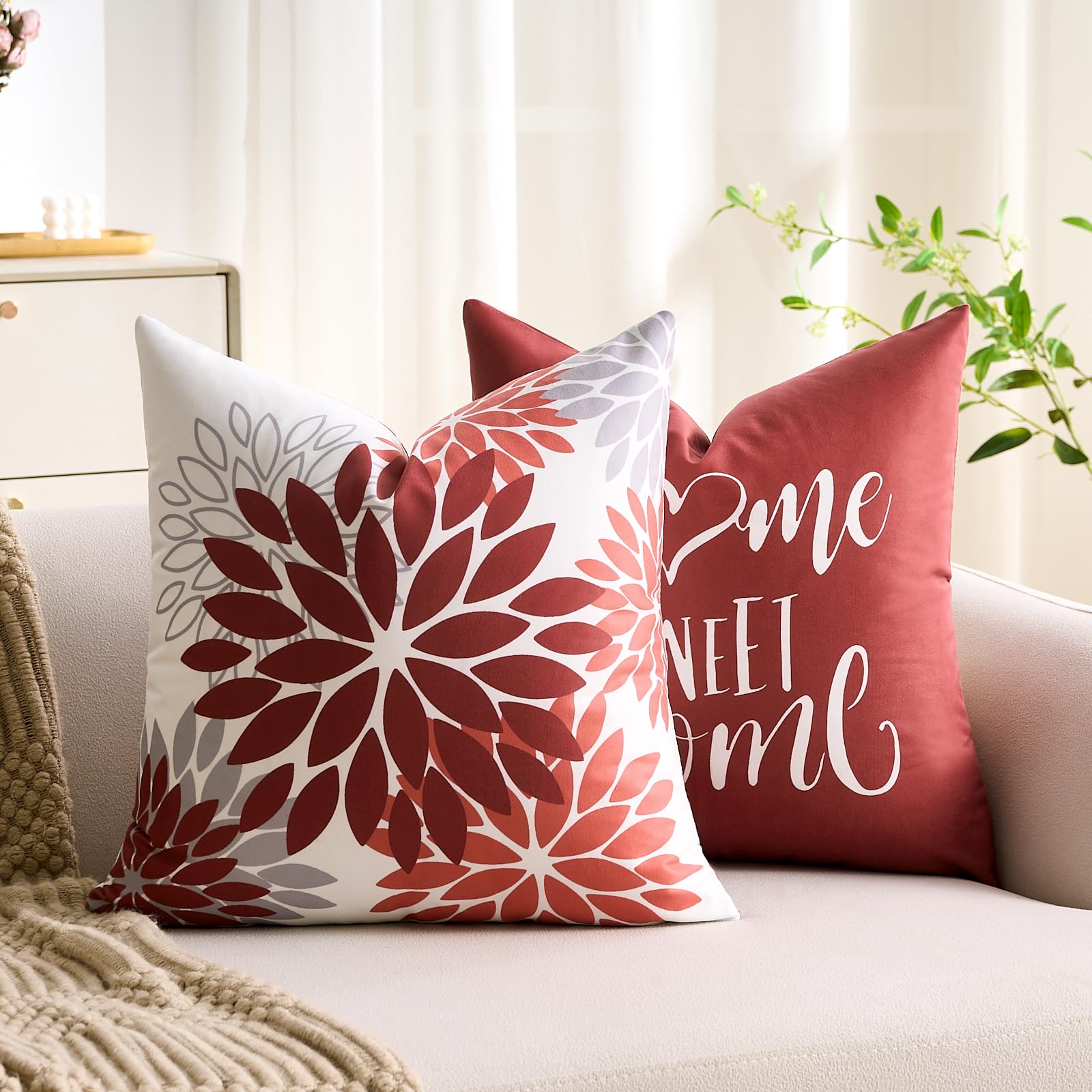 Home Sweet Home – Set 4 Federe Cuscino 40x40 Cm In Cotone Lino, Motivo Geometrico Rosso