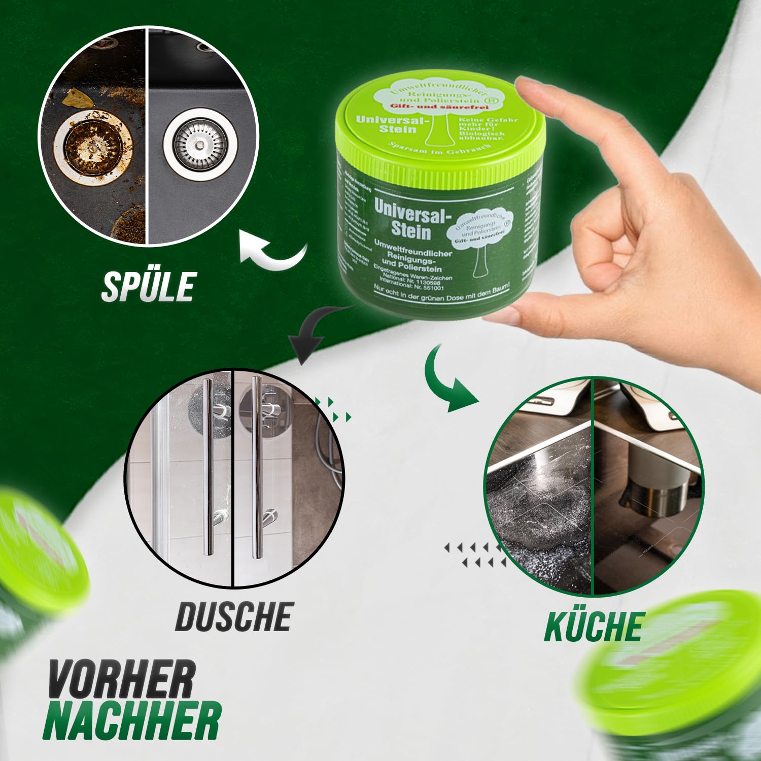 Zielinsky Universal-Stein, grüner Stein, Putzstein, Reinigungsstein - Haushaltsdose, 1er Pack (1 x 900 g + 2 gratis spezial Schwämme)