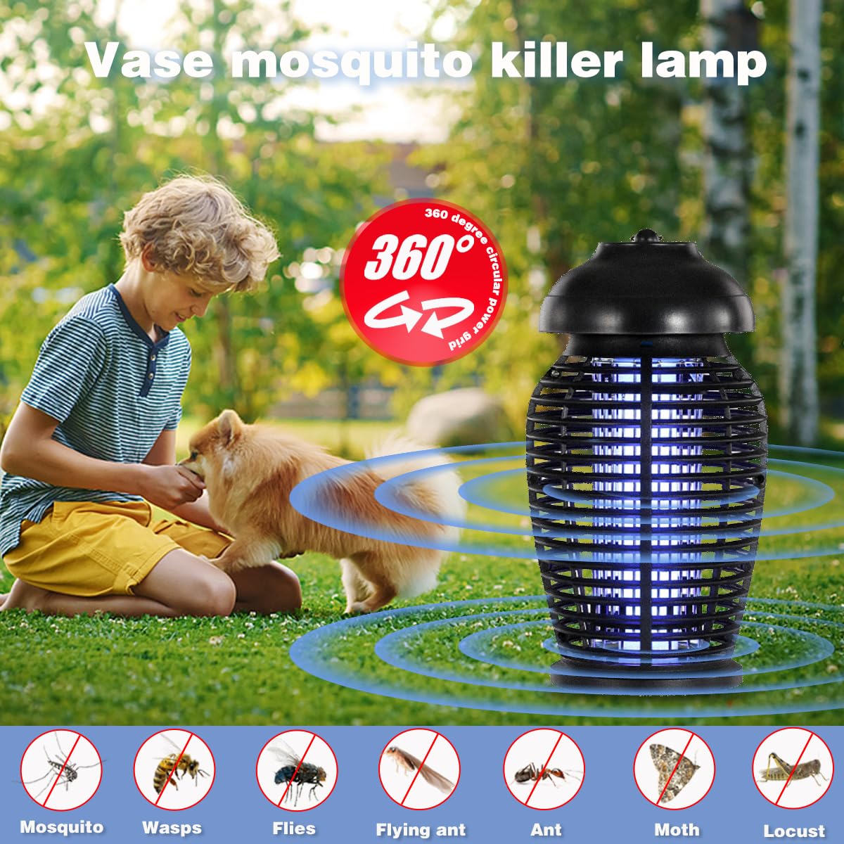 GARTO Bug Zapper 4200V Mückenfallen Outdoor & Indoor Mückenzapper Elektrischer Fliegenvernichter 360° Fruchtfliegenfalle mit 365nm Wellenlänge 2.0m Netzkabel Wasserdicht für Haus Garten Büro Terrasse