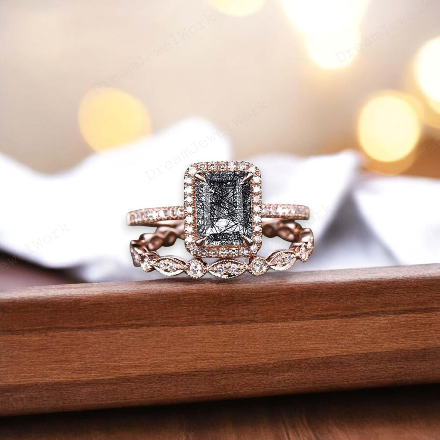 Vintage Emerald cut black rutilated quartz engagement ring set 14k rose gold art deco wedding ring for women unique bridal promise ring set birthday gift for her