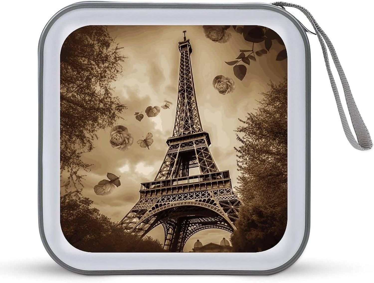 Paris Eiffel Tower CD Case Wallet 40 Capacity, Durable Waterproof Plastic CD/DVD Storage Case with Handle & Zip Closure, Portable DVD Disc Cases for Car, Office, Travel