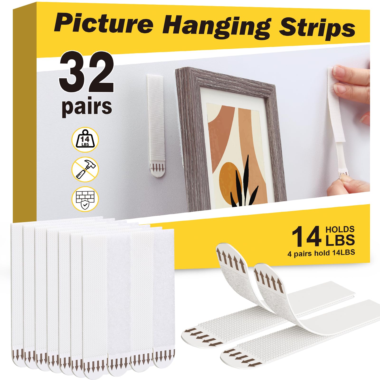 Fixwal Picture Hanging Strips, 32 Pairs(64 Strips) White Large Size 0.75" x 3.6", Heavy Duty Picture Hanger Kit, Removable Damage Free Picture Hanging Hooks for Living Room Bedroom