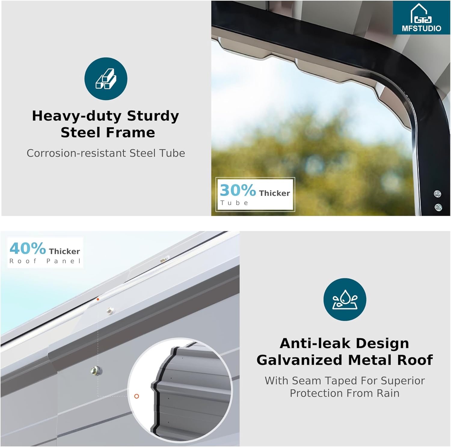 Close-up of the carport's heavy-duty sturdy steel frame and anti-leak design galvanized metal roof.