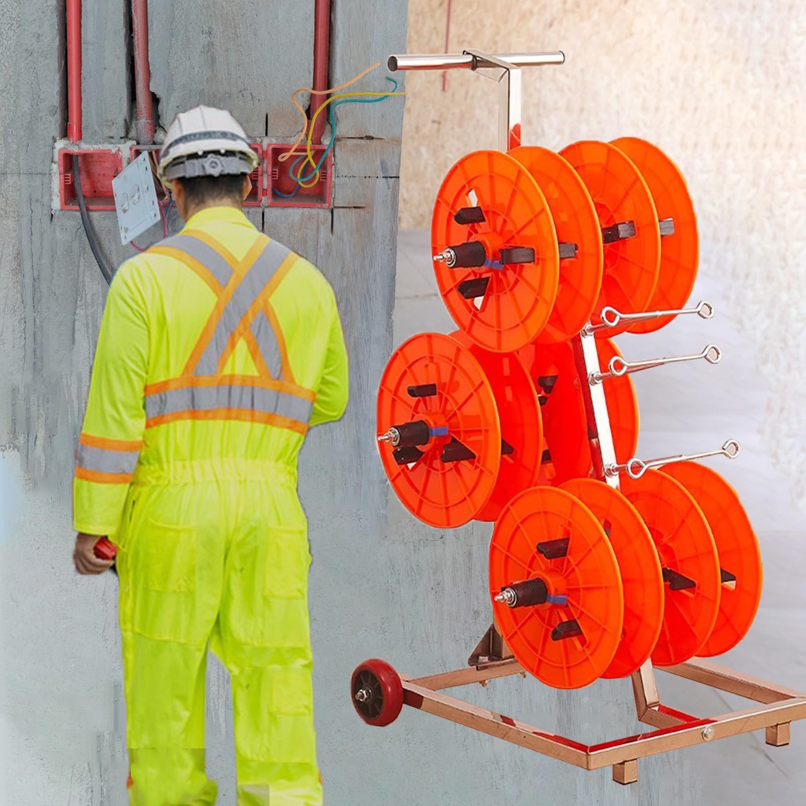 Soporte para carretes con ruedas que soluciona el enredo de cables en talleres y proyectos