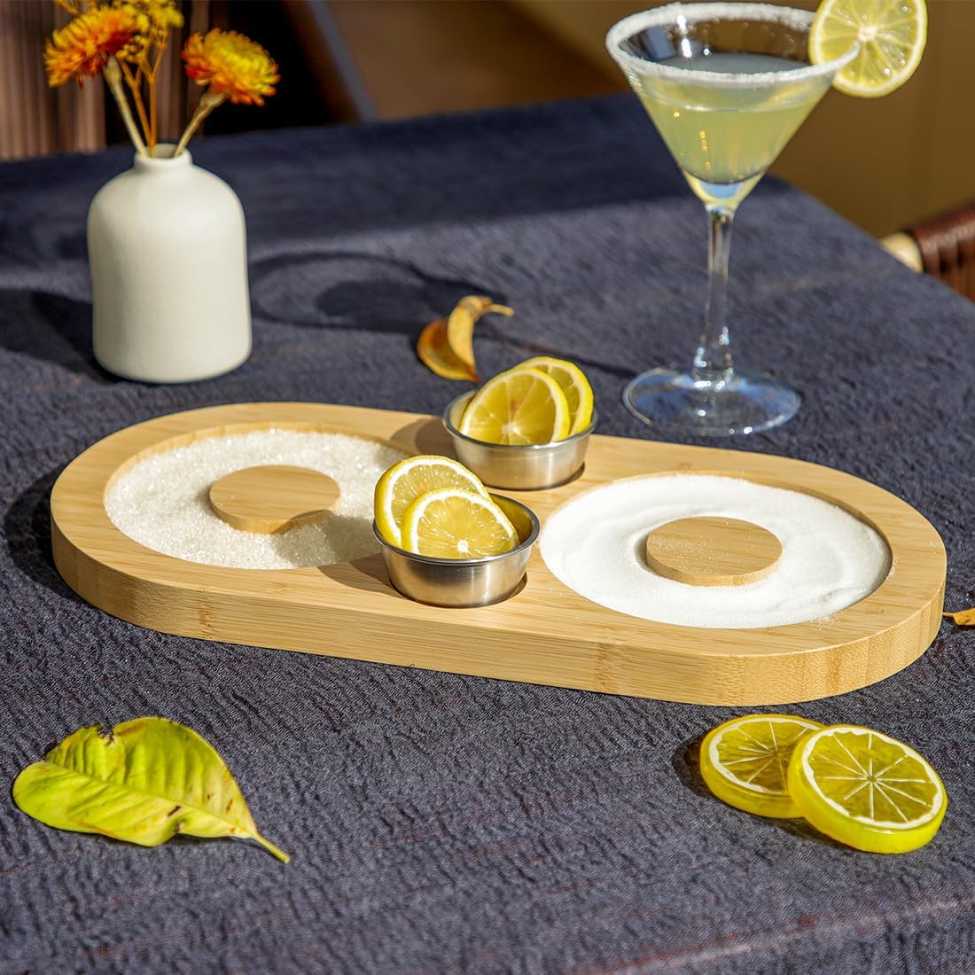 Margarita Salt Rimmer Set - Salt Rimmer for Cocktails with 2 Stainless Steel Bowls, Wood Glass Rimmer | Bar Accessories for Bartender, Cocktail & Margarita (Sugar/Salt Rimmer)