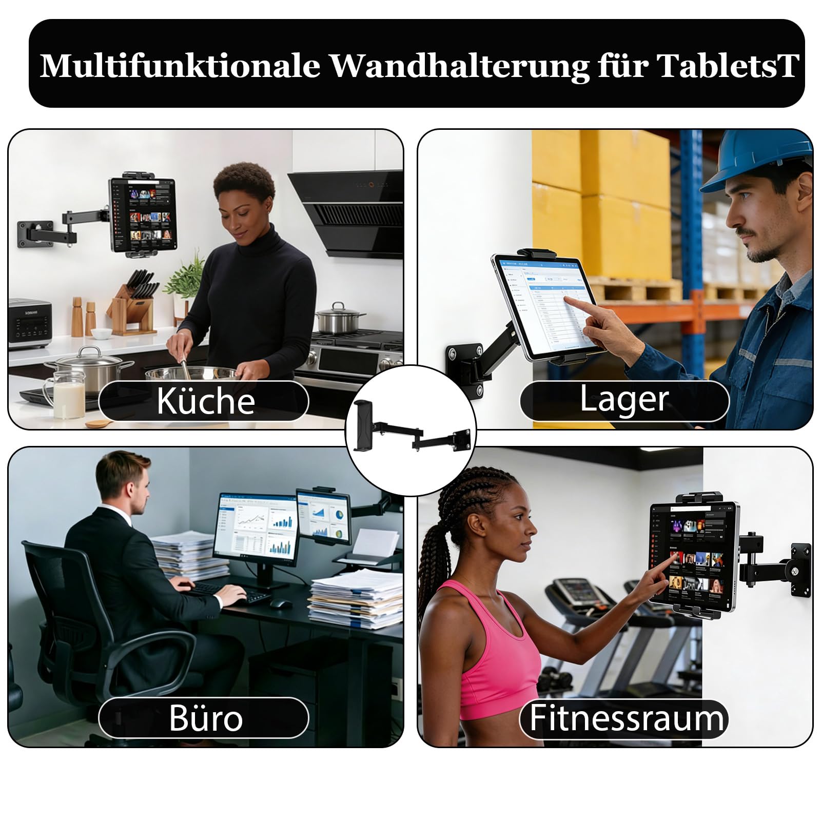 Uchwyt ścienny na tablet, aluminiowy wysuwany uchwyt ścienny, regulacja wysokości, składany, obracany o 360 stopni, składany, do kuchni, biura, salonu, łazienki lub sypialni, do urządzeń 4-13"