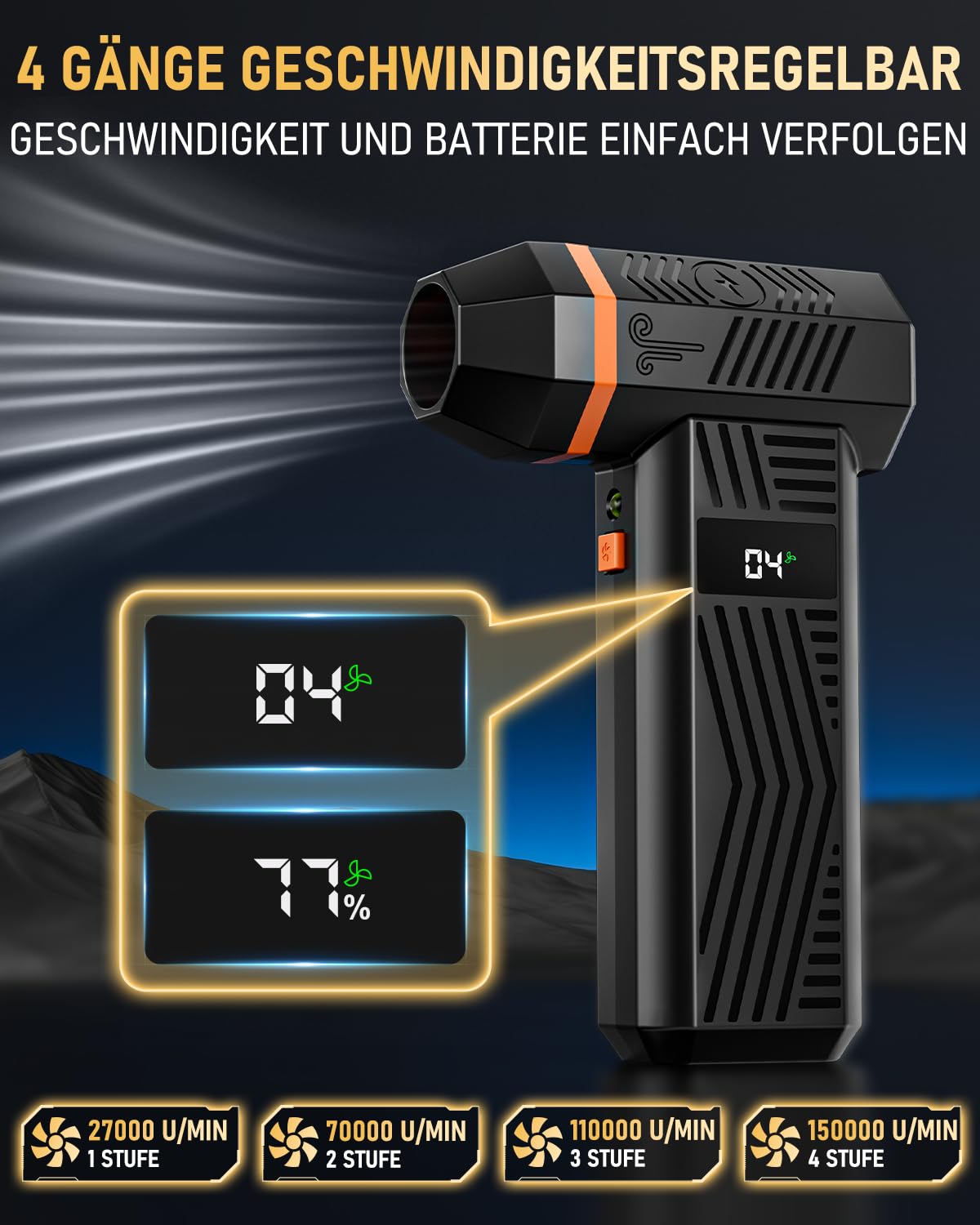Elektrischer Staubgebläse, GLAM Air Duster Gebläse Akku, 4-stufige 150000RPM Akku Druckluftspray für die Reinigung von Elektronik, Tastatur, Computer Auto und Sofa