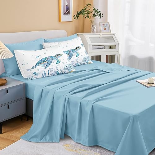Miniatura 3 de Juego de ropa de cama con temática oceánica, 8 piezas, cama Queen en una bolsa, edredón costero de playa con diseño de tortuga azul turquesa y