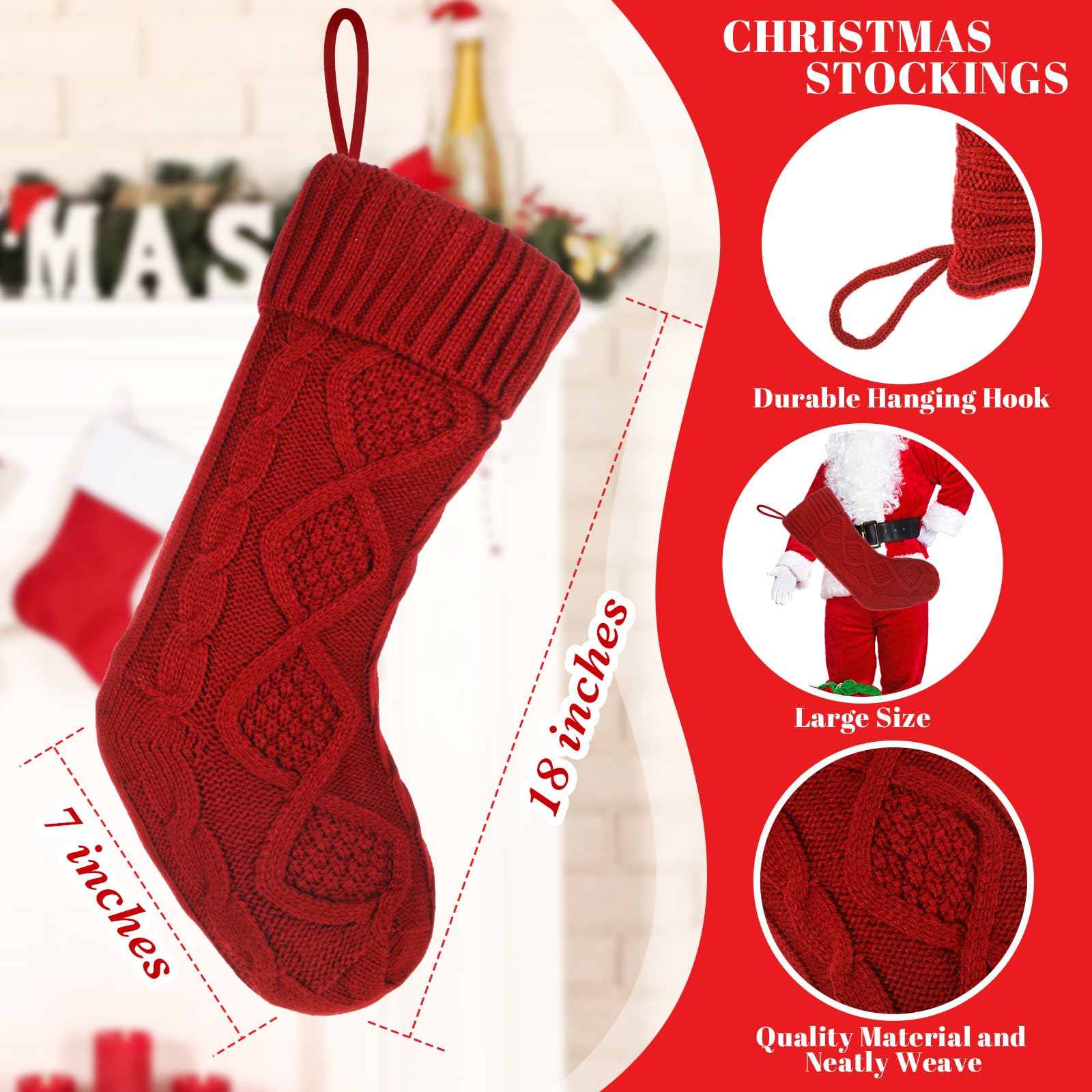 Cozypower Weihnachtsstrümpfe mit Namensschild, 45,7 cm, große Zopfstrickstrümpfe, Weihnachtsstrumpf, Kamin, hängende Strumpf, Geschenktüten für Kamin, Weihnachtsbaumschmuck, Rot, 4 Stück