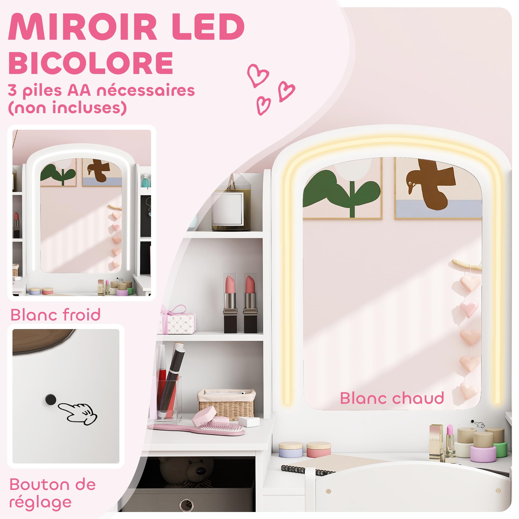 AIYAPLAY Set Toeletta Per Bambine Con Specchio LED Luci Calde/Fredde, Sgabello, Armadietto E Scaffale (3-8 Anni)