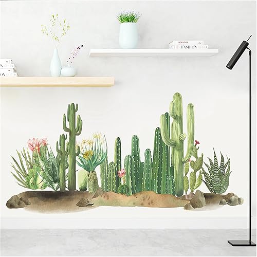 Miniatura 3 de Calcomanías de pared de vegetación verde de cactus, dunas de arena tropical, calcomanías de pared de plantas verdes, vinilo extraíble para sala de