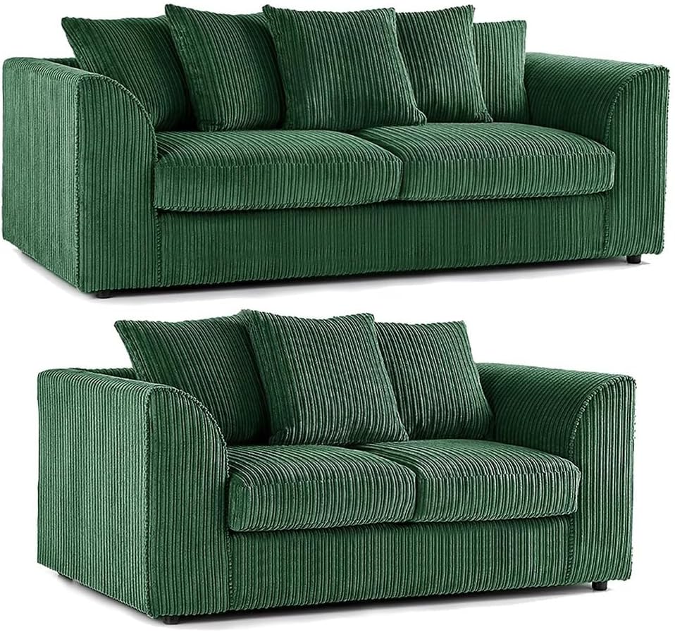 Jumbo Cord Sofa Set - Dual Arm Scatter Back Sofas - Modular Curved Arm Fabric Couch - Upholstered 3&2 Seated Couches - 5 Seater Suite for Living Room Lounge (Green, 3+2 Seater)