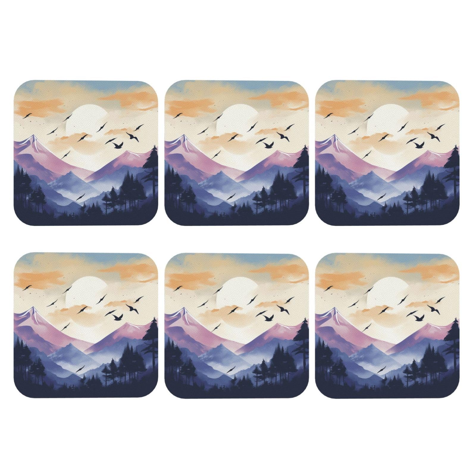 6pcs Leather Coasters for Drinks, Birds Flying At Sunset Drink Coasters for Tabletop Protection, 4" Cup Coasters for Coffee Table Decor, Non-Slip Drinking Cup Mat for Hot Or Cold Drink